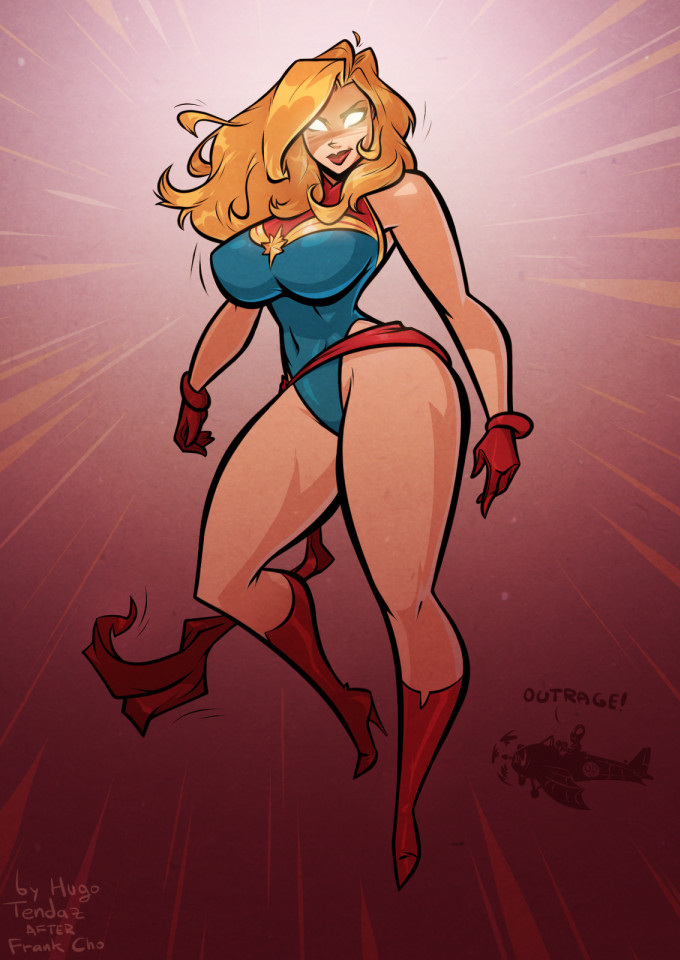 2019, bare thighs, big breasts, blonde hair, boots, breasts, captain marvel, carol danvers, curvaceous, curvy, curvy body, curvy female, curvy figure, female, female superhero, glowing eyes, high heel boots, huge breasts, hugotendaz, leotard, marvel, marvel comics, plump, superheroine, thick, thick legs, thick thighs, voluptuous, wide hips