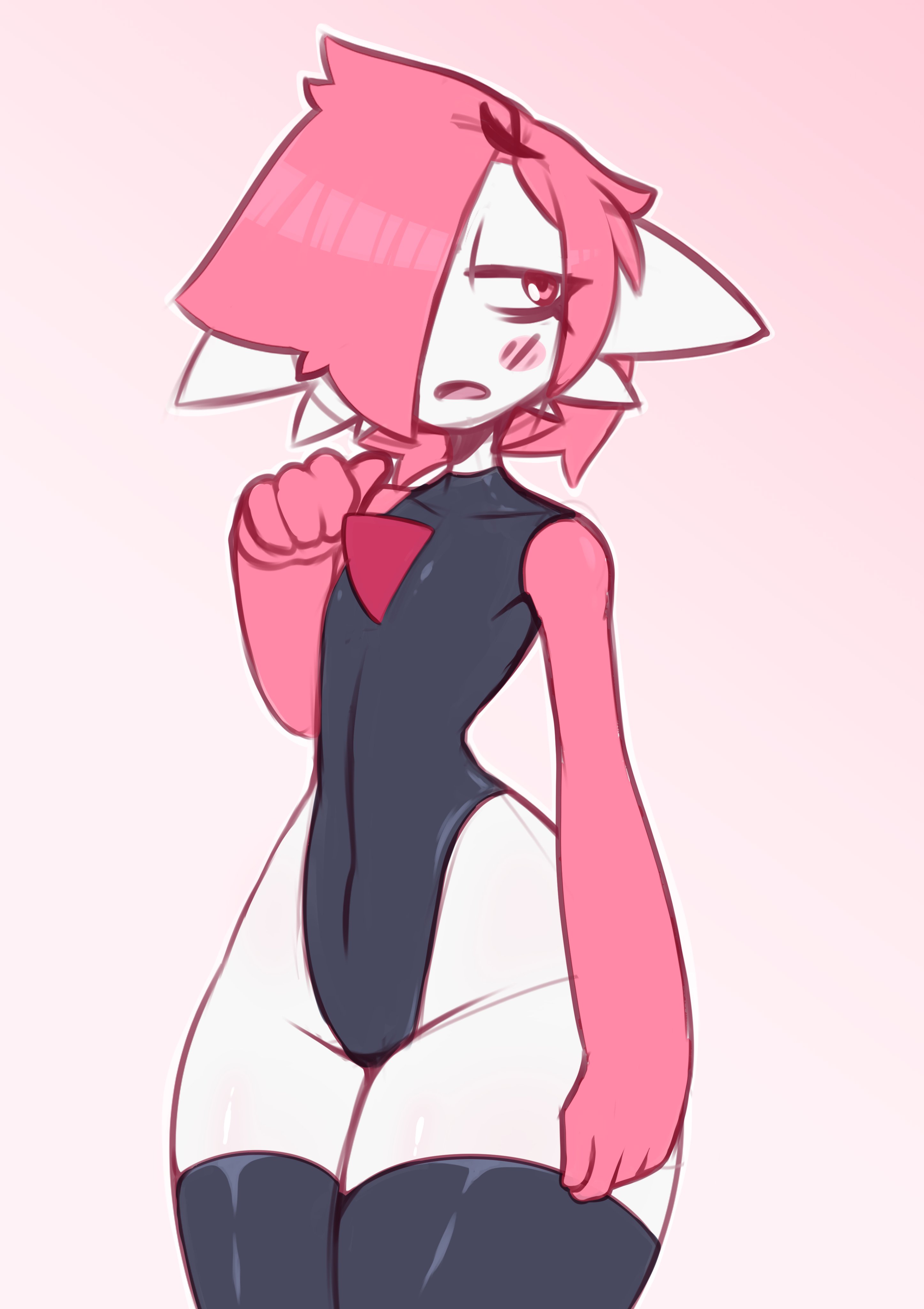 1boy, blush, curvy figure, femboy, frowntown, gardevoir, girly, half-closed eyes, leotard, male, male gardevoir, male only, male pokemon, nintendo, original character, pink (frowntown), pink background, pink eyes, pokémon (species), pokemon, pokemon (species), pokemon rse, short hair, solo, standing, thick thighs, thighhighs, wide hips