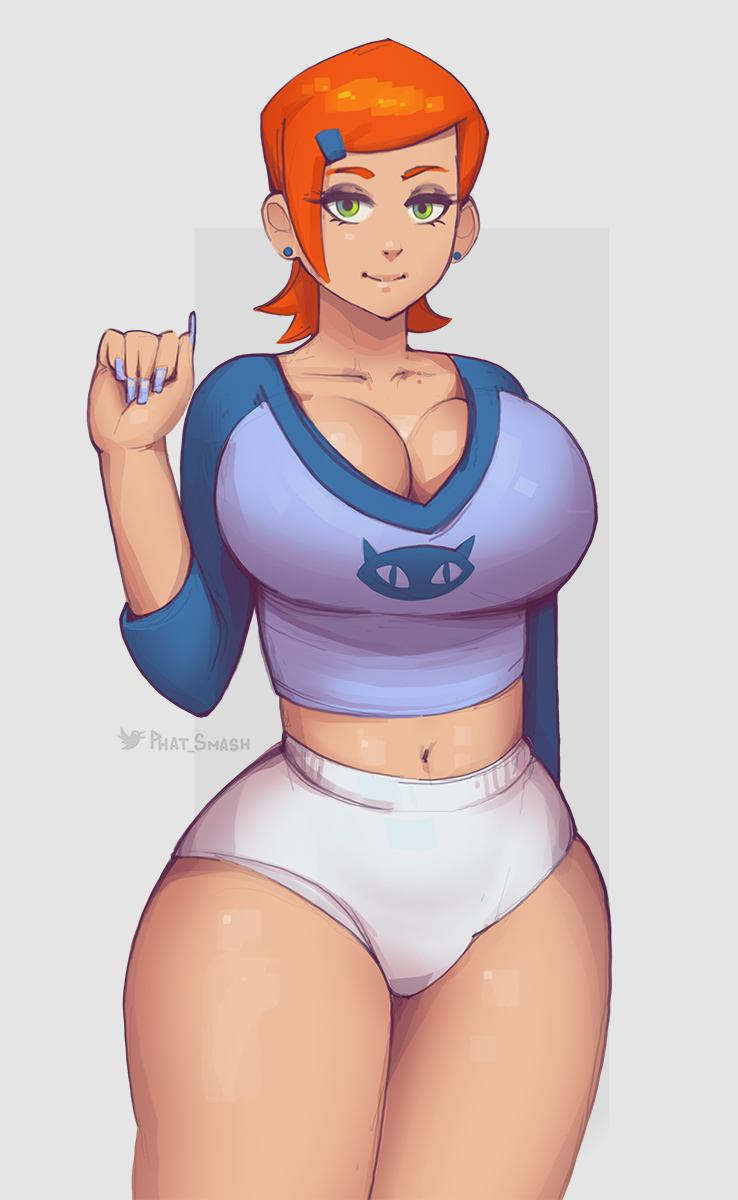 1girls, aged up, alternate breast size, ass, ben 10, big breasts, breasts, cartoon network, cleavage, clothed, clothed female, clothes, clothing, crop top, female, female focus, female only, fully clothed, ginger, ginger hair, green eyes, gwen tennyson, huge breasts, hyper thighs, large ass, large breasts, looking at viewer, massive thighs, nail polish, navel, phat smash, short orange hair, short shorts, simple background, small waist, solo, solo female, solo focus, thick thighs, thunder thighs, top heavy, wide hips