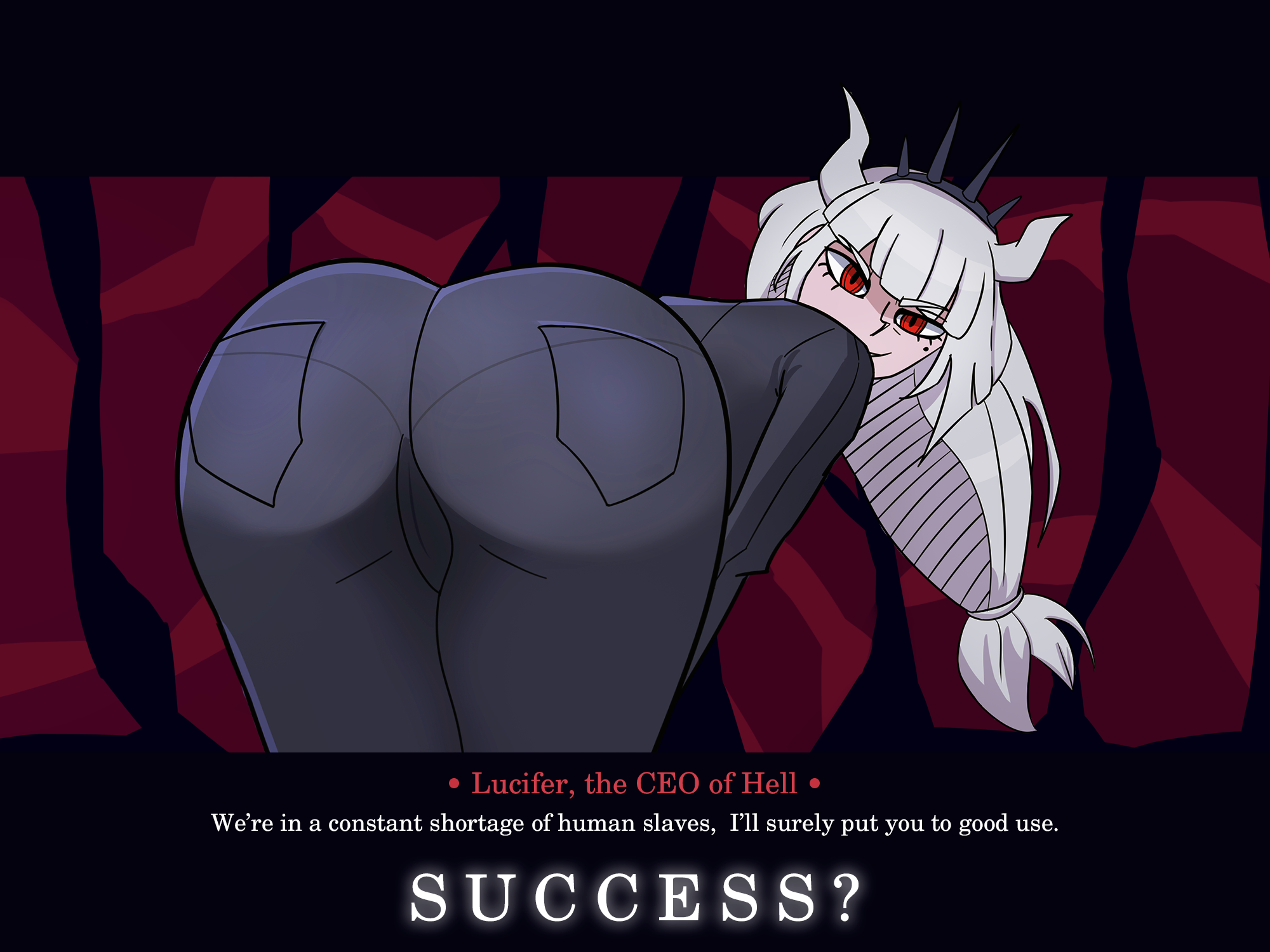 1girls, ass, ass focus, boilingjill, business suit, clothed, demon, demon girl, facesitting, female, femdom, femdom caption, fully clothed, hell, helltaker, horns, imminent facesitting, lucifer (helltaker), office uniform, panties visible through clothing, pantylines, pov, pov ass, red eyes, solo female, text, white hair