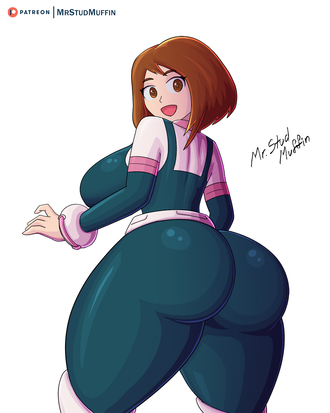 big_ass big_butt female_superhero huge_ass large_breasts looking_back mrstudmuffin my_hero_academia ochako_uraraka skin_tight superheroine teenager thick_thighs tight_clothing