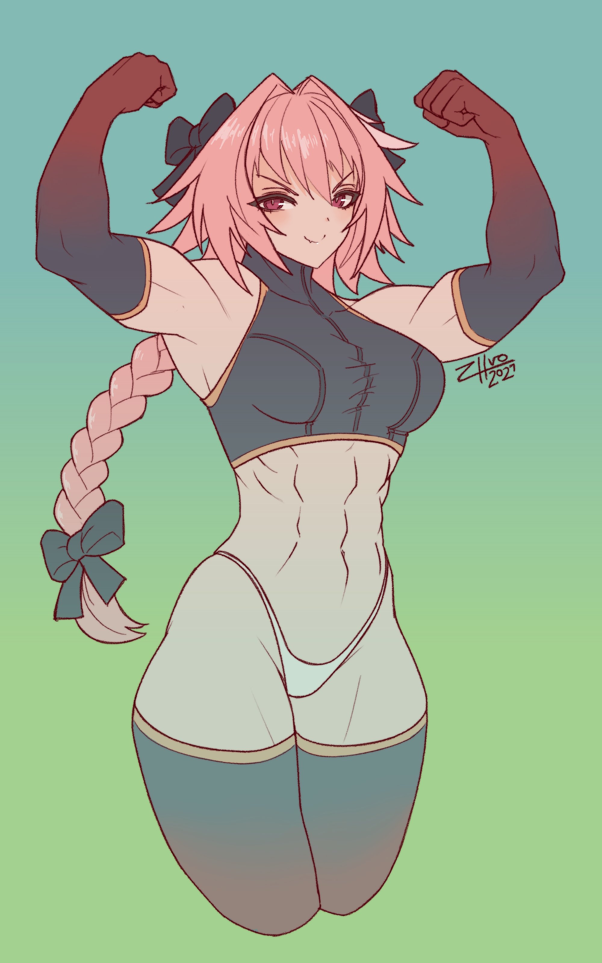 2d, abs, astolfo (fate), biceps, braid, breasts, busty, elbow gloves, fate (series), fate/apocrypha, fate/grand order, female, gloves, large breasts, muscles, muscular, muscular female, navel, pink eyes, pink hair, pose, rule 63, solo, thong, tight clothing, toned, zhvo