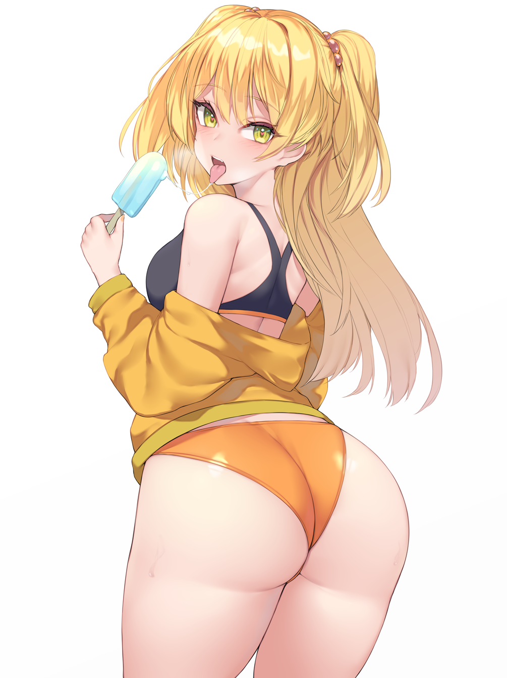 1girls ass big_ass blonde_hair breasts buruma dat_ass female female_only food from_behind gyaru heart-shaped_pupils highres holding holding_food idolmaster idolmaster_cinderella_girls jougasaki_rika kogal kuavera long_hair looking_at_viewer looking_back medium_breasts popsicle saliva saliva_trail shiny shiny_hair shiny_skin simple_background solo solo_female sports_bra standing tongue tongue_out two_side_up white_background