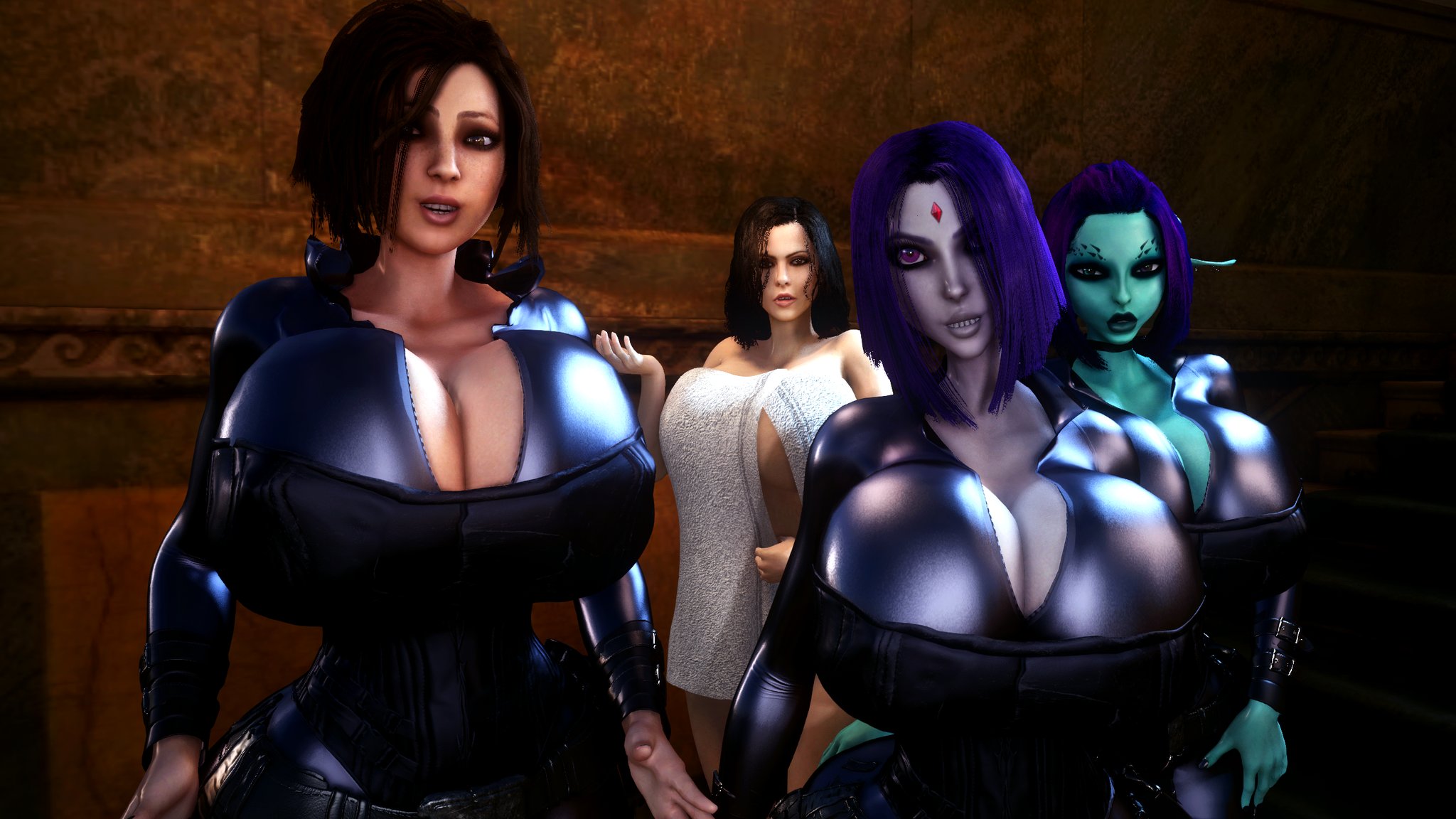 3d, 3d (artwork), 4girls, alternate breast size, athletic, athletic female, big breasts, black bodysuit, black hair, bodysuit, breasts, brown hair, bulletstorm, bust, busty, cambion, catsuit, cleavage, clothing, corset, costume swap, crossover, curvaceous, curvy, dc, dc comics, demon, demon girl, dreadlocks, elf, female, female only, garry's mod, green skin, half demon, hand on hip, hips, hourglass figure, huge breasts, human, humanoid, hybrid, kate beckinsale, large breasts, leather, legs, leotard, looking at viewer, low cut top, midriff, multiple females, multiple girls, naked, necklace, nipples, nude, nude female, open bodysuit, open clothes, purple hair, rachel roth, raven (dc), sci-fi, science fiction, scifi, selene (underworld), short hair, skin tight, soria, superhero, superheroine, teen titans, thick, thick legs, thick thighs, thighs, thin waist, tight clothes, tight clothing, tight fit, trishka novak, underworld, unreal tournament, unzipped, unzipped bodysuit, vaako, vampire, vampire girl, virtamate, voluptuous, wearing towel, wide hips