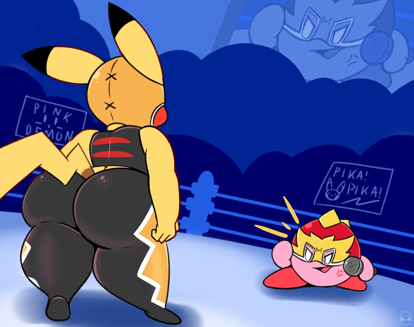 ass big_ass clothed clothing cosplay_pikachu female kirbot12 kirby kirby_(series) kirby_fighters_2 looking_at_viewer male mask nintendo nintendo_switch pikachu pikachu_libre pink_body pink_skin pokémon_(species) pokemon red_feet smile smiling smiling_at_viewer super_smash_bros. super_smash_bros._ultimate trash_talk