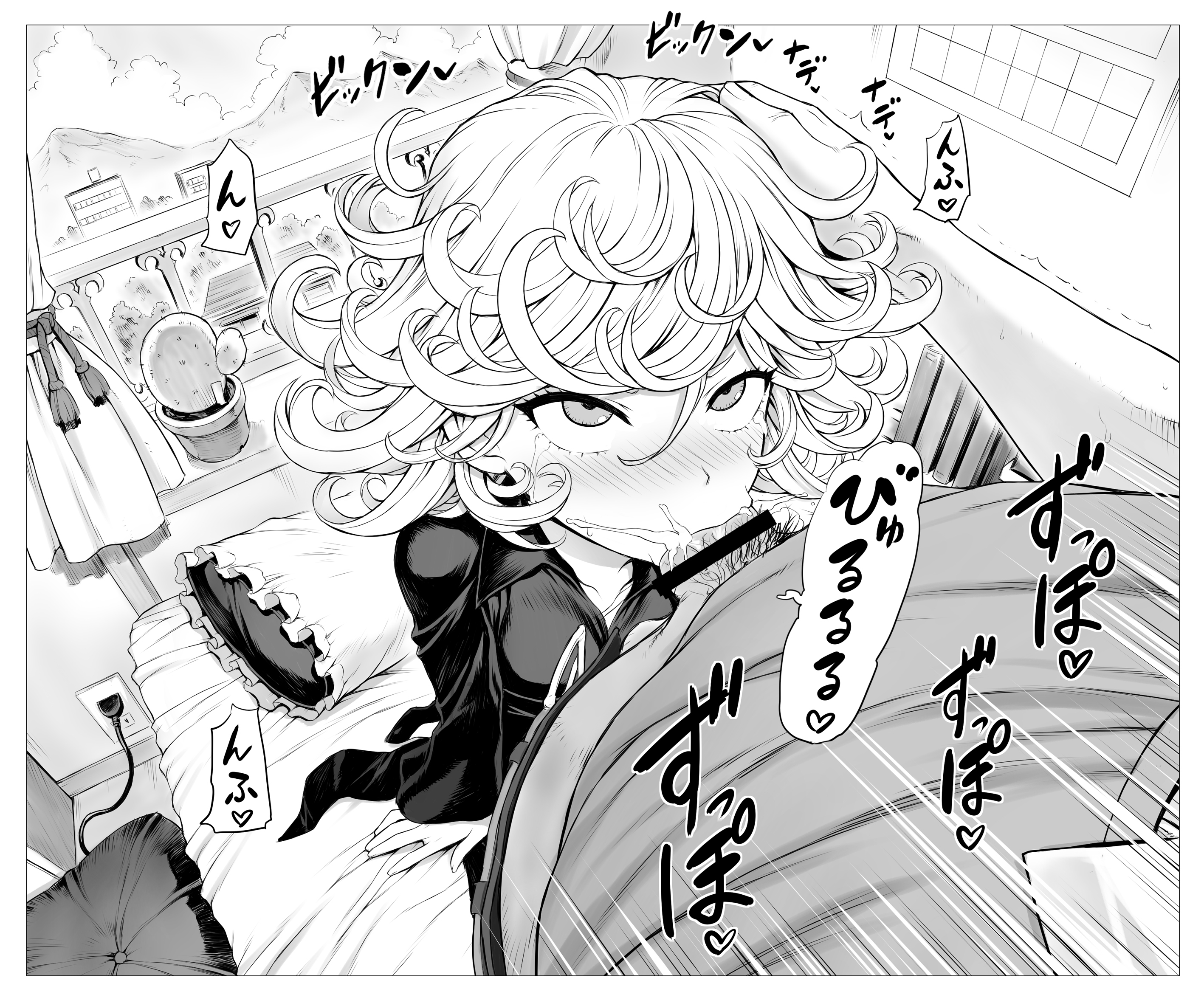 :>=, black dress, female, male, mogudan, monochrome, one-punch man, penis, tagme, tatsumaki
