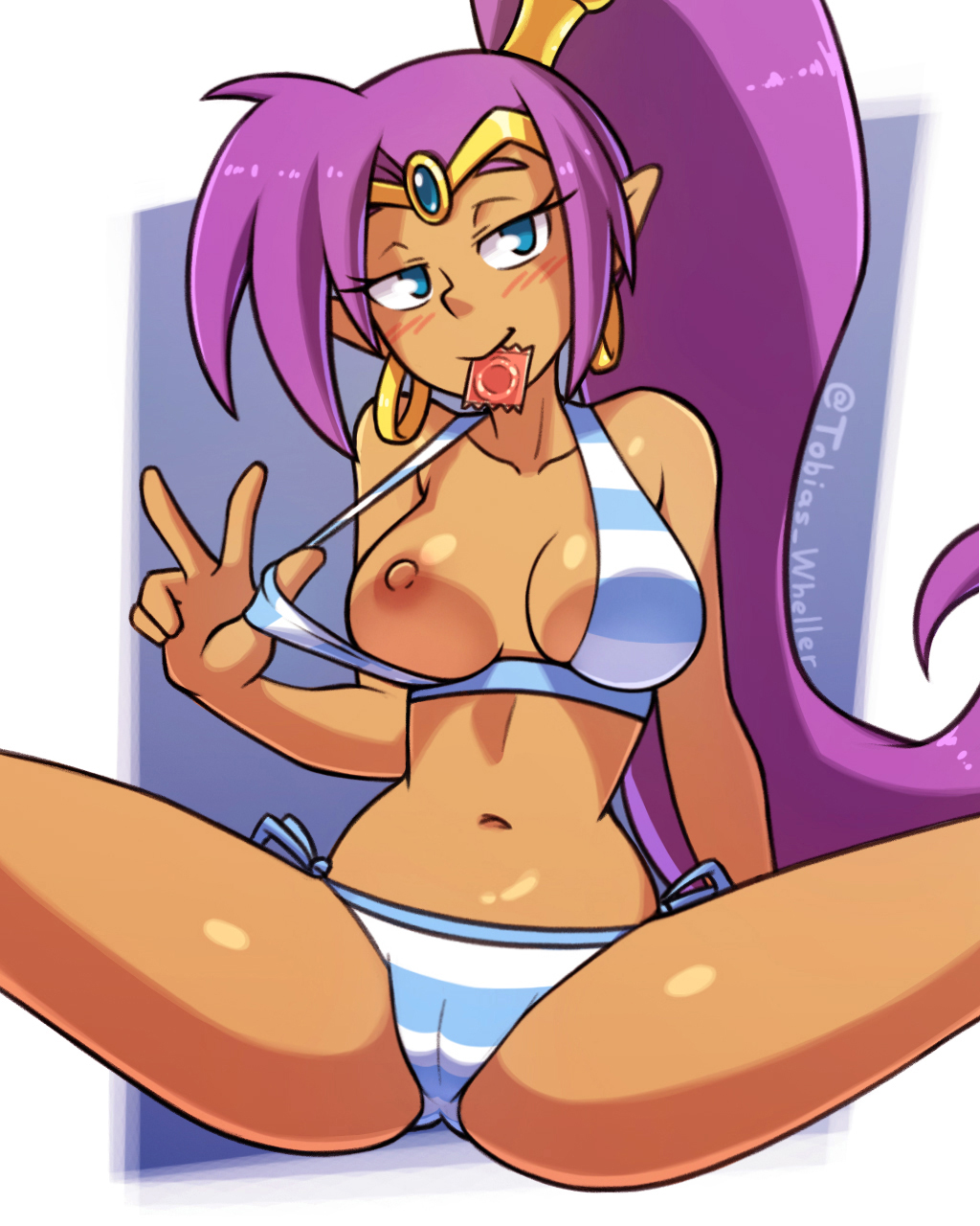 1girls big_breasts bikini bikini_aside blue_eyes blush breasts cameltoe come_hither condom condom_in_mouth condom_wrapper earrings female female_focus female_only female_protagonist flashing flashing_breasts genie hoop_earrings large_breasts long_hair looking_at_viewer navel nipples one_breast_out ponytail purple_hair seductive_look shantae shantae_(character) smile smooth_skin solo spread_legs striped_bikini swimsuit swimsuit_aside swimsuit_pull swimwear tan_skin tied_hair tobias_wheller wayforward