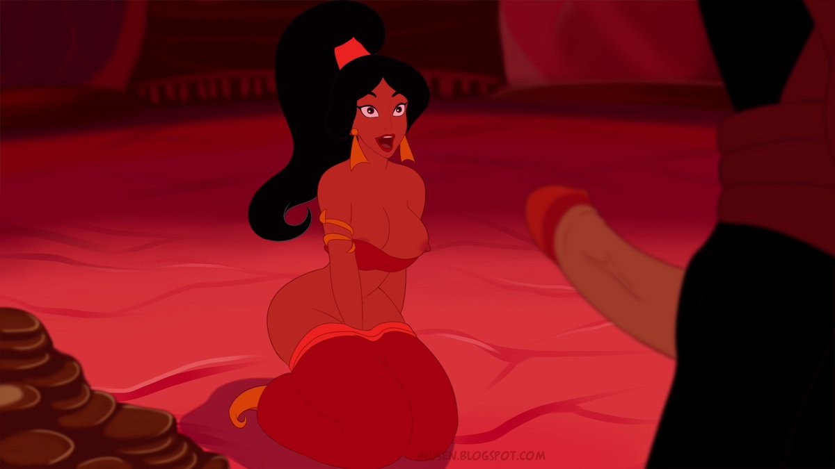 1boy 1girls aladdin breasts_out clothed_male_nude_male disney disney_princess disney_villains erection evil_queen_jasmine inusen jafar jafar_harem_outfit kneeling partial_male penis princess_jasmine submissive