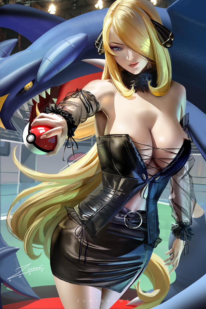 1girls, big breasts, blonde hair, breasts, cleavage, clothed, clothed female, cynthia (pokemon), female, garchomp, human, large breasts, nintendo, pinup, pokemon, pokemon (species), pokemon champion, shiny clothes, solo focus, zumi