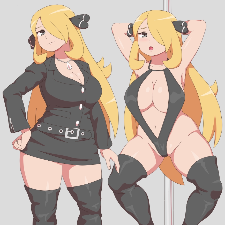 1girls, blonde hair, breasts, clothed, clothed female, cynthia (pokemon), eye contact, female, hair over one eye, kabeume, long blonde hair, looking at viewer, mature female, nintendo, pokemon, pokemon dppt, pole, pole between ass, pole dancing, solo, thick thighs