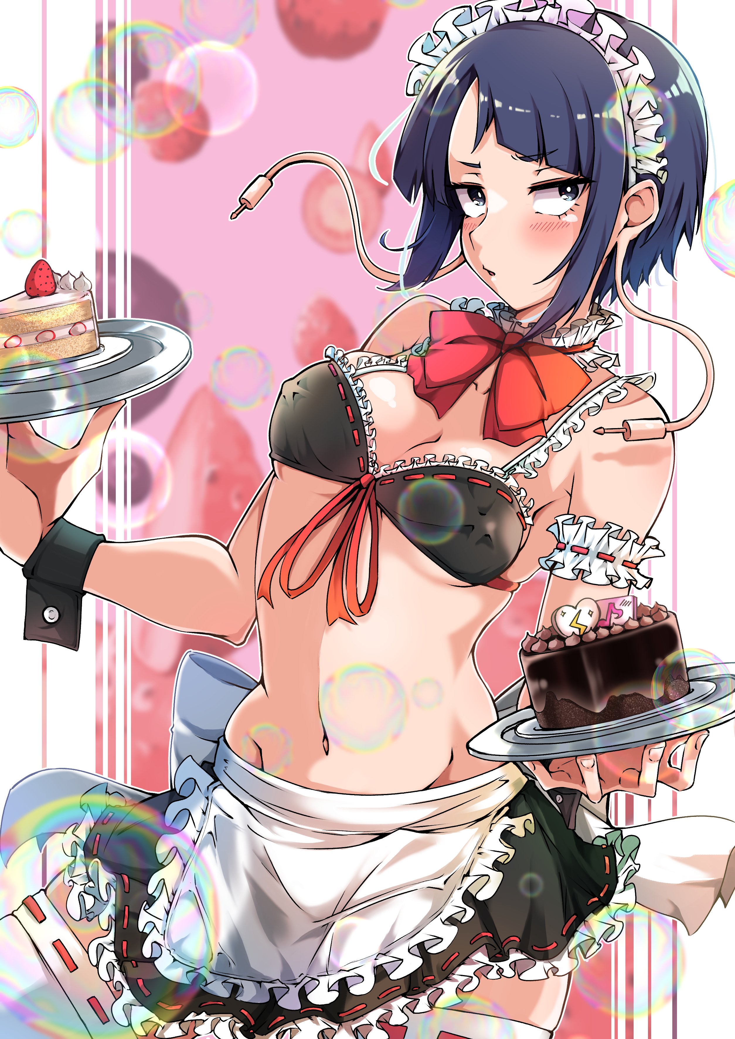 1girls, bare midriff, bowtie, bra, breasts, busty, cleavage, erect nipples, female, female focus, female only, hourglass figure, kyoka jiro, maid, maid apron, maid headdress, maid outfit, maid uniform, medium breasts, my hero academia, navel, nipple bulge, nipples, purple hair, purple-haired female, shinonome mozuku, short hair, skimpy, skimpy clothes, solo, tagme, thighhighs, waitress, waitress uniform, wide hips