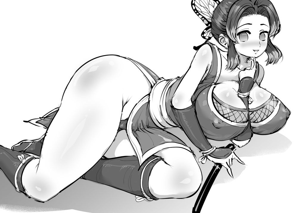 1girls, alternate costume, big breasts, blush, breasts, butterfly hair ornament, chiroru, curvy figure, demon slayer, eye contact, female, greyscale, huge breasts, kimetsu no yaiba, kochou shinobu, looking at viewer, monochrome, nipple bulge, solo, thick thighs, voluptuous, wide hips
