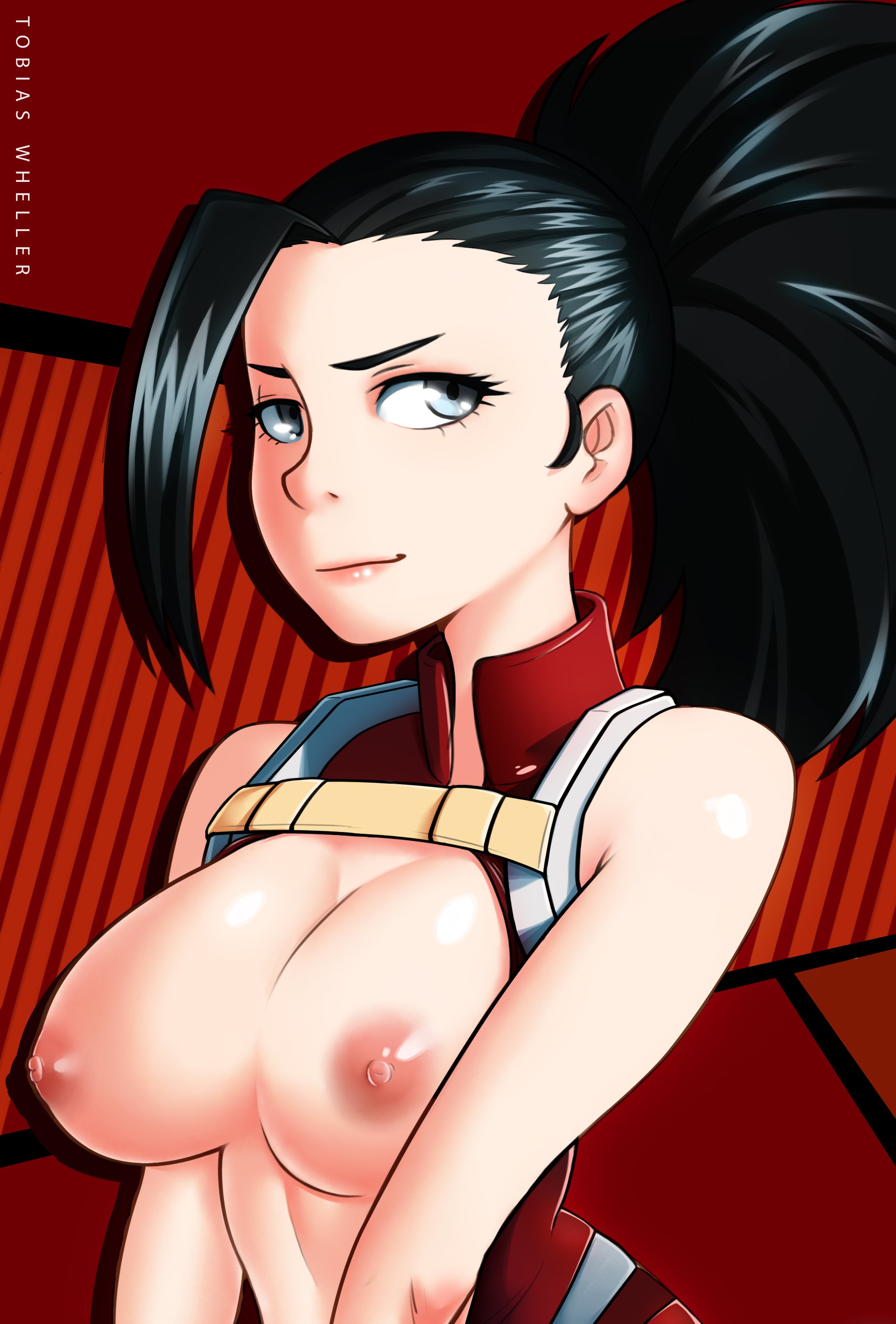 1girls, alternate version available, areolae, black hair, black-haired female, blue eyes, breasts, breasts out, clothed, female, female only, hero outfit (mha), human, human female, large breasts, leotard, light-skinned female, momo yaoyorozu, momo yaoyorozu (hero outfit), my hero academia, nipples, ponytail, revealing clothes, skimpy, slim waist, solo, solo female, superheroine, tied hair, tobias wheller
