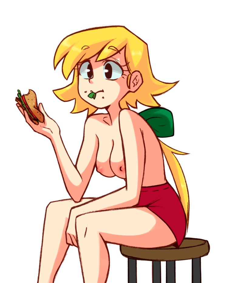 1girls, areolae, blonde hair, breasts, character request, cute, eating, female, female only, food, nipples, sandwich, sitting, skirt, solo, tied hair, tobias wheller, topless, white background
