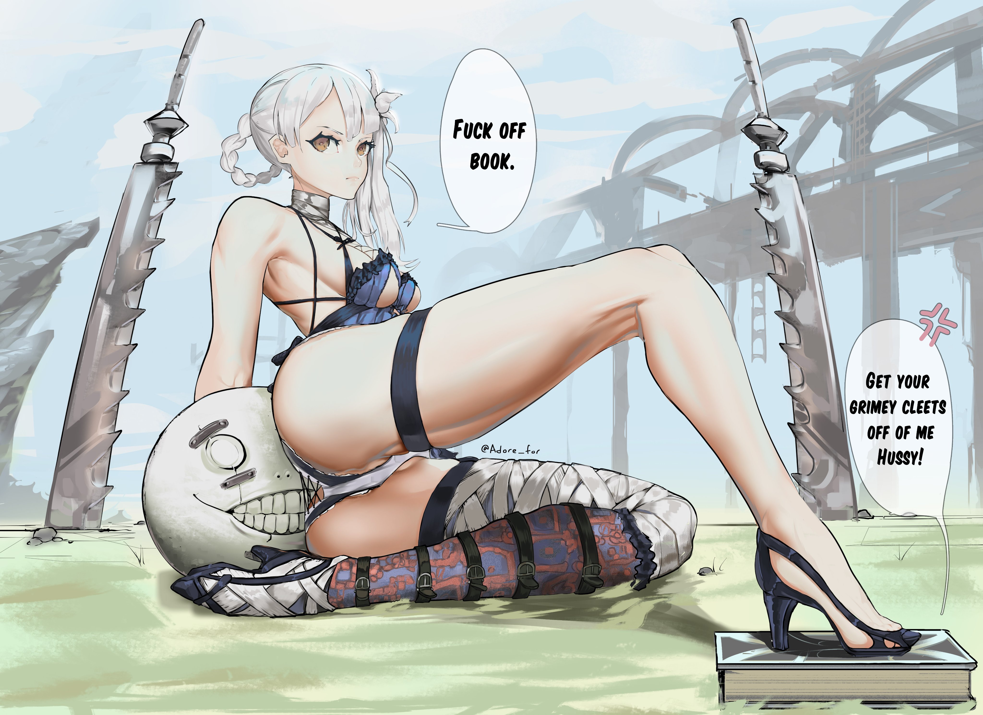 1girls, adore for, adore nice, ass, dialogue, emil (nier), female, grimoire weiss, heels, high heels, kaine (nier), nier, nier replicant, text, white hair