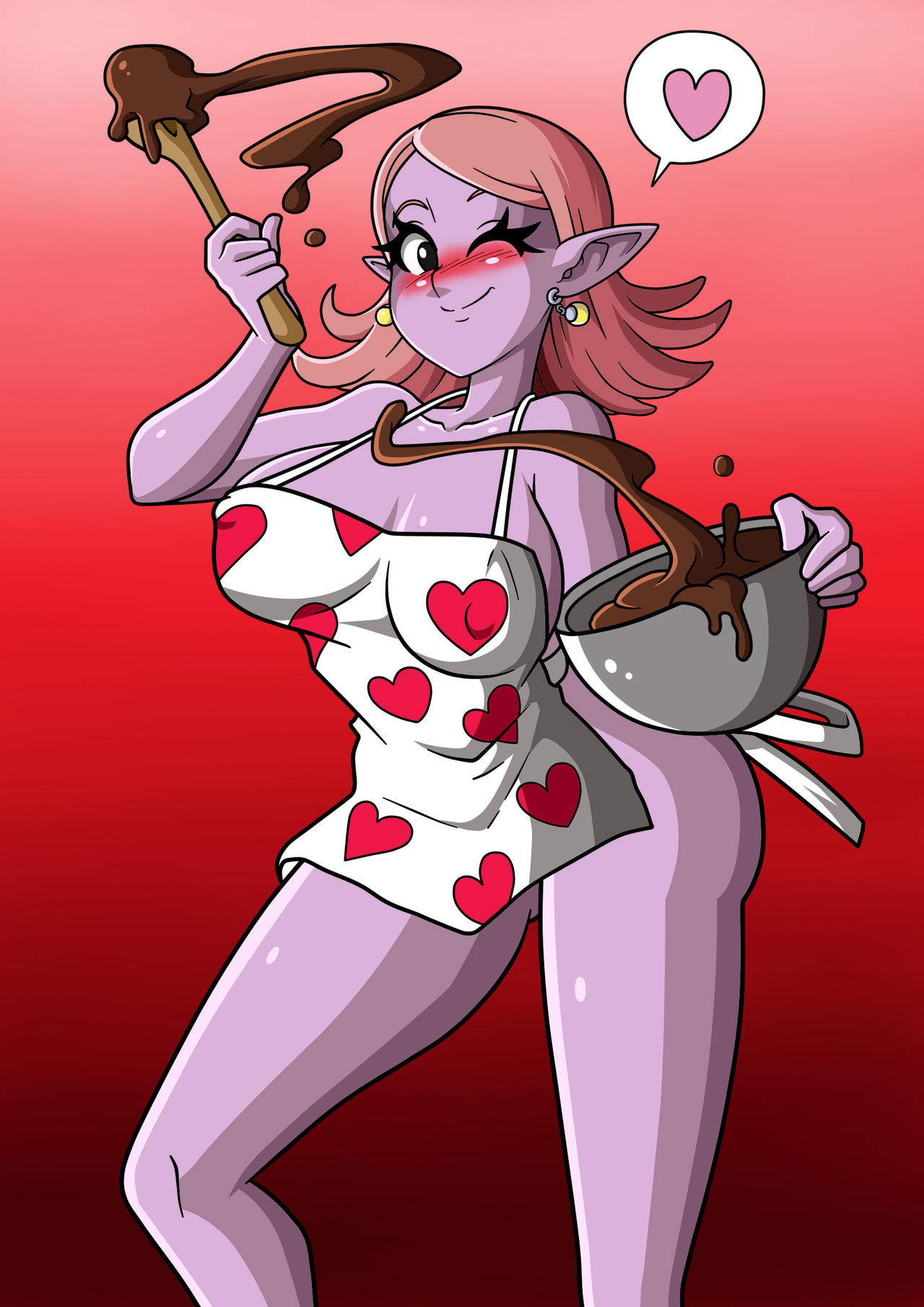 1girls, alternate breast size, apron, ass, big ass, big breasts, blush, blushing, breasts, chocolate, chronoa, clothing, core person, dragon ball, dragon ball heroes, dragon ball xenoverse, earrings, female, female only, goddess, hadaka apron, huge ass, huge breasts, large breasts, pink hair, potara earrings, purple skin, short hair, shounen jump, witchking00