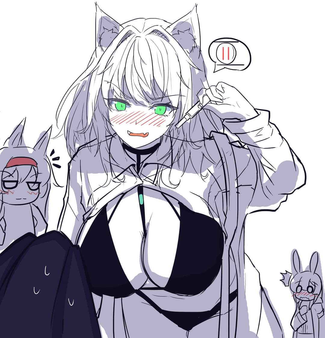 1boy, 3girls, amiya (arknights), arknights, big breasts, black underwear, blaze (arknights), blush, breasts, cat ears, doctor (arknights), fangs, female, green eyes, kal'tsit (arknights), large breasts, male, pregnancy test, pregnant, shocked, underwear