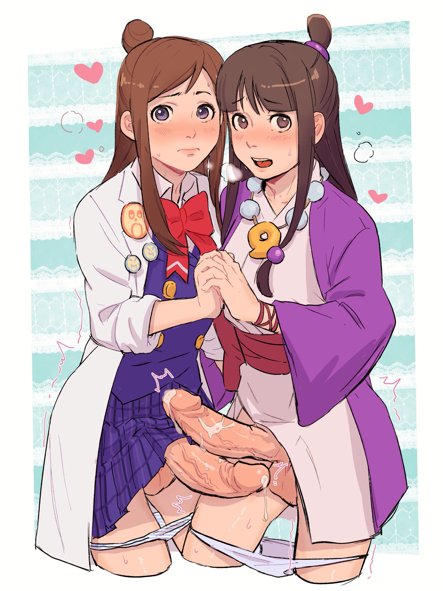 2futas, ace attorney, blush, brown hair, capcom, cum, ema skye, futa only, futanari, gyakuten saiban, holding hands, huge cock, intersex, maya fey, panties down, penis, sweat, vivi9586