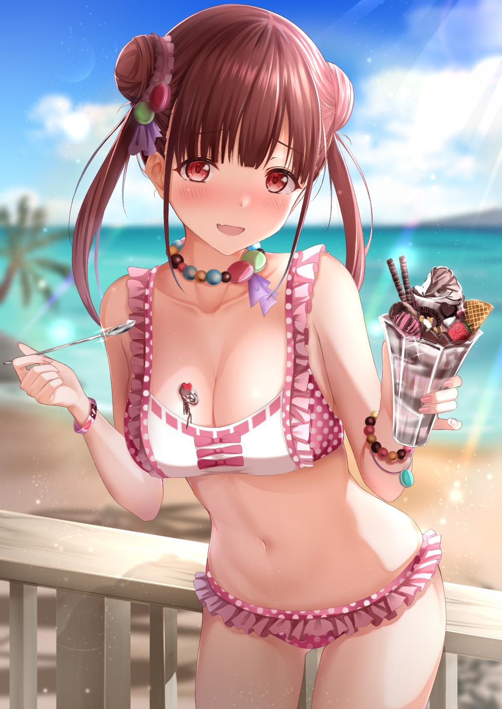 :d bangs bare_shoulders beach bikini blue_sky blurry blush breasts brown_hair cleavage collarbone cowboy_shot cup day depth_of_field double_bun drinking_glass dripping female food frilled_bikini frills hair_ornament highres holding ice_cream idolmaster idolmaster_shiny_colors jewelry large_breasts long_hair looking_at_viewer medium_breasts monaka_curl navel necklace nose_blush open_mouth outdoors parfait pink_bikini polka_dot polka_dot_bikini red_eyes short_twintails sky smile solo sonoda_chiyoko spoon standing stomach sunlight swimsuit thighs twintails