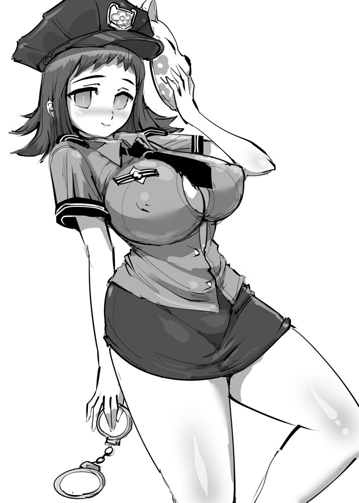 1girls big_breasts blush breasts chiroru curvy_figure demon_slayer eye_contact female greyscale handcuffs huge_breasts kimetsu_no_yaiba looking_at_viewer makomo monochrome police police_hat police_uniform solo thick_thighs voluptuous wide_hips