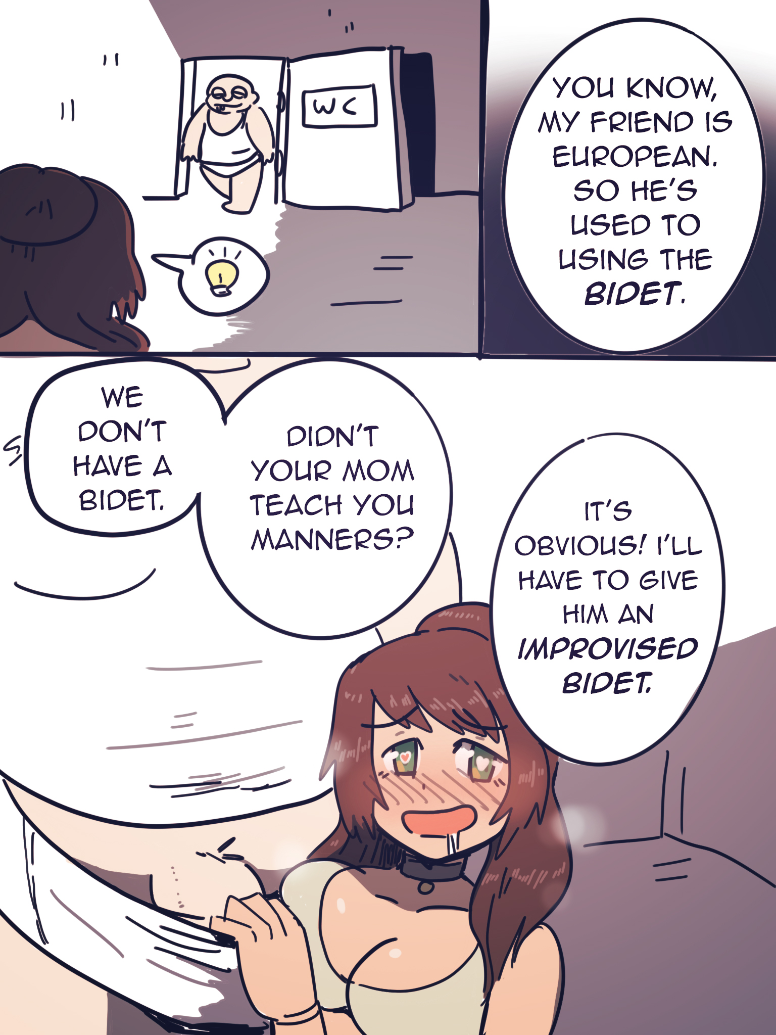 1boy, 1girls, blush, brown hair, comic, dialogue, fat male, female, male, netorare, text, wolfgang bang