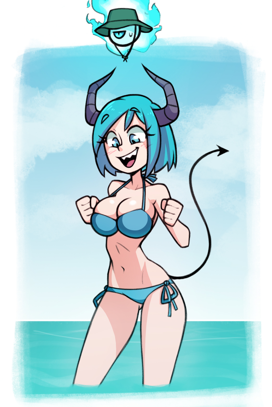 1girls, bikini, blue eyes, blue hair, blush, breasts, cleavage, demon, demon girl, demon horns, demon tail, female, female only, horns, in water, large breasts, looking down, navel, ocean, open mouth, original, original character, sharp teeth, short hair, skinny, smile, solo, synn (tobias wheller), tobias wheller