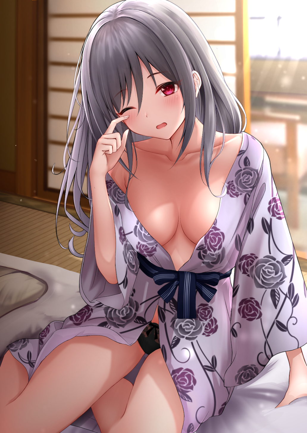 alternate_hairstyle arm_support bangs black_panties blurry blurry_background blush bow bow_panties breasts cleavage collarbone commentary_request day eyebrows_visible_through_hair feet_out_of_frame female floral_print futon hair_between_eyes hair_down hand_up head_tilt highres idolmaster idolmaster_cinderella_girls indoors japanese_clothes kanzaki_ranko kimono light_particles long_hair long_sleeves looking_at_viewer medium_breasts monaka_curl obi off_shoulder on_bed one_eye_closed panties parted_lips pillow pink_eyes print_kimono purple_kimono rose_print rubbing_eyes sash shiny shiny_hair shouji sidelocks silver_hair single_bare_shoulder sitting sleepy sliding_doors solo sunlight tatami underwear wide_sleeves yokozuwari yukata