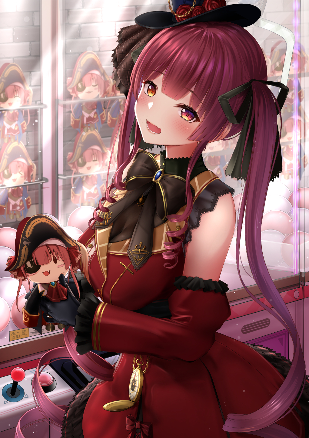 bangs black_gloves black_headwear black_ribbon breasts character_doll commentary_request detached_sleeves doll eyebrows_visible_through_hair eyepatch female gloves hair_ribbon hat heterochromia highres holding holding_doll hololive hololive_fantasy hololive_japan houshou_marine long_hair looking_at_viewer medium_breasts mini_hat monaka_curl red_eyes red_hair ribbon solo twintails virtual_youtuber yellow_eyes