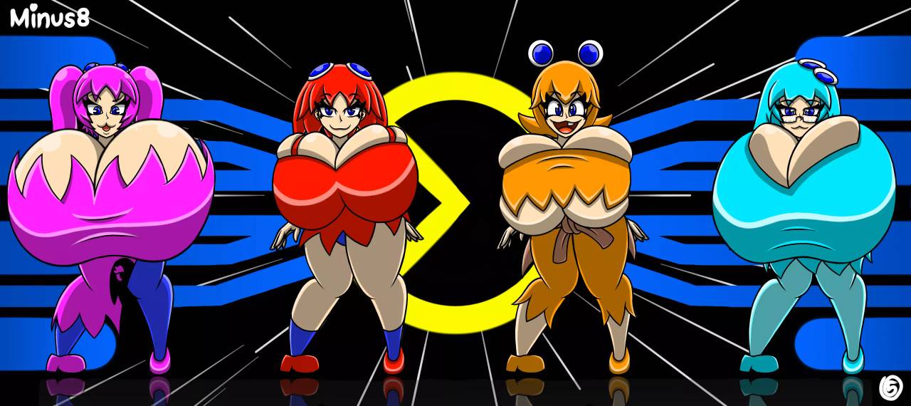 4girls :3 blinky_(pac-man) blue_eyes blue_hair breasts breasts_bigger_than_head cleavage cleavage_cutout clyde_(pac-man) dress female female_focus female_only ghost glasses hyper_breasts inky_(pac-man) large_breasts long_hair multiple_girls namco orange_hair pac-man_(series) pac-man_ghost_dance_(minus8) pink_hair pinky_(pac-man) red_hair short_hair small_dress thick_thighs thighs tight_clothing twintails valerya5