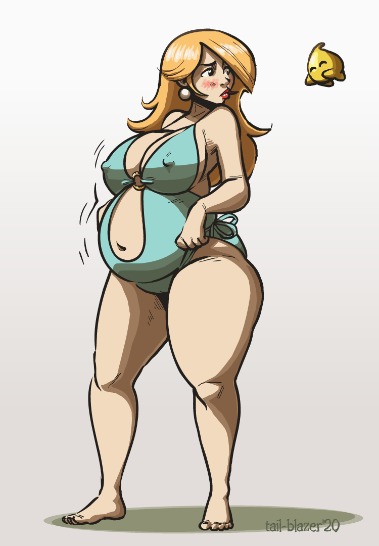 1girls 1other 2020 ambiguous_gender beer_belly big_belly black_eyes blonde_hair blue_swimsuit breasts chubby chubby_female cleavage expansion fat fat_ass feet female female_focus full_body long_hair looking_at_another luma mario_(series) nintendo nipple_bulge one-piece_swimsuit plump plump_ass princess_rosalina simple_background standing swimsuit tail-blazer thick thick_ass thick_legs thick_thighs thighhighs thighs weight_gain wide_hips