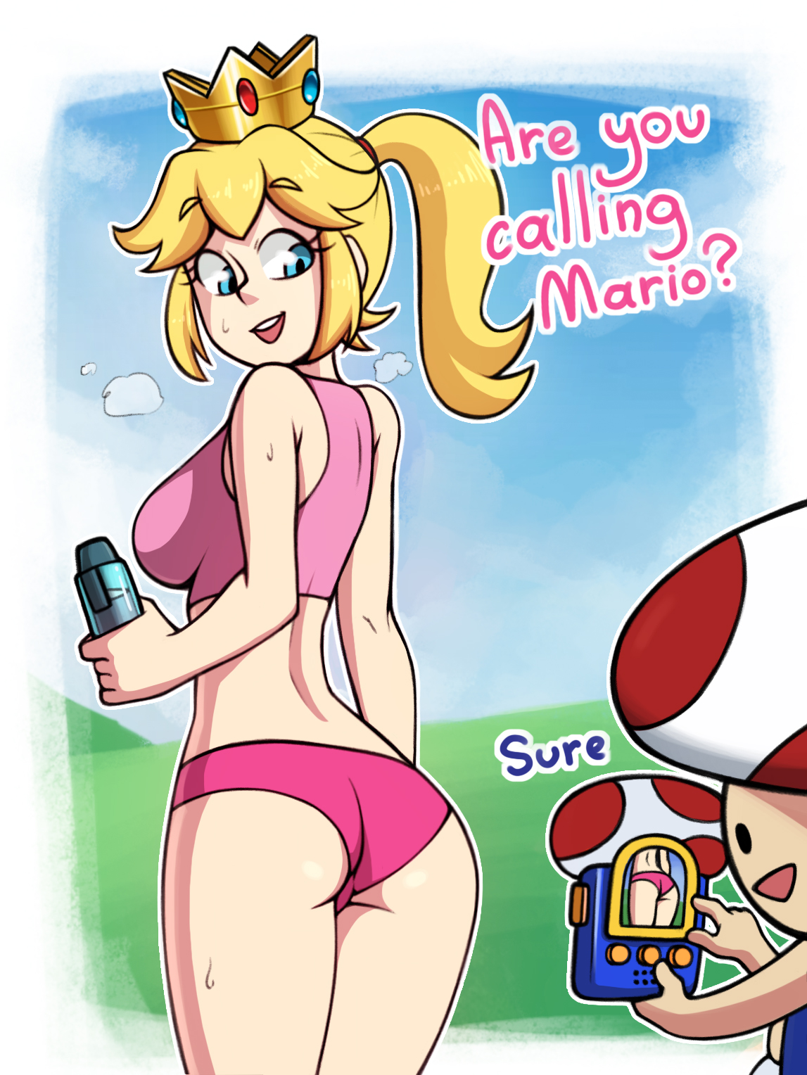 1boy, 1girls, ass, back view, blonde hair, blue eyes, camera, crop top, crown, dialogue, english text, female, female focus, fully clothed, looking back, male, mario (series), nintendo, open mouth, panties, pink clothing, pink panties, ponytail, princess peach, smile, solo focus, super mario bros., sweat, taking picture, text, tied hair, toad (mario), tobias wheller