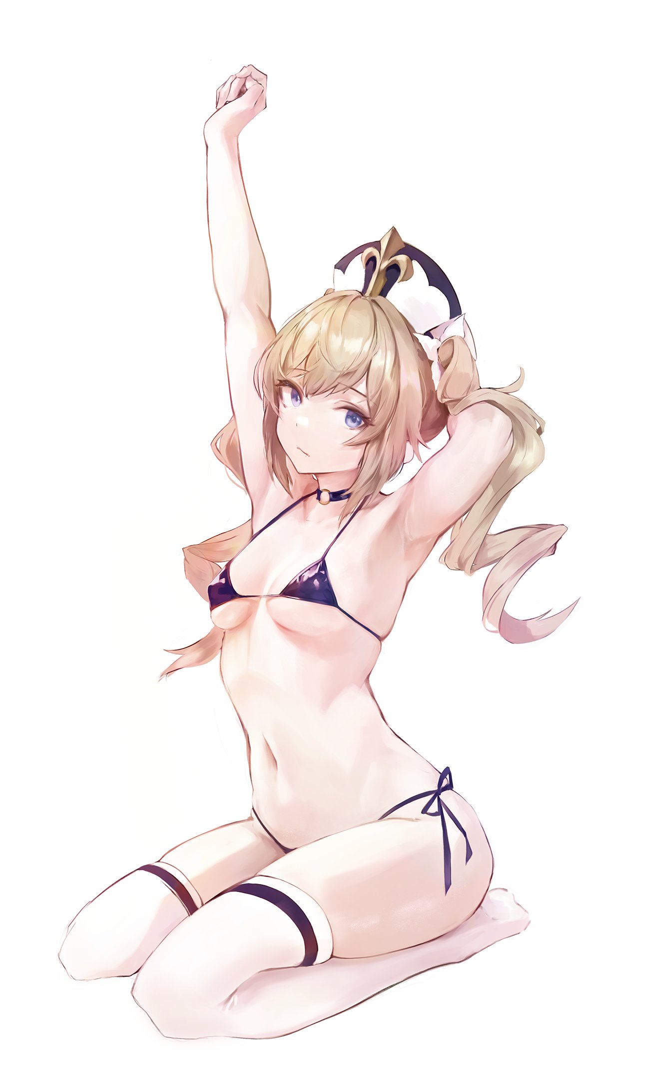 1girls armpits arms_behind_back arms_up barbara_(genshin_impact) bare_arms bare_shoulders bikini blonde_hair blue_eyes choker drill_hair female female_only full_body genshin_impact hat highres hiki_niito hikinito_(leviathan) long_hair looking_at_viewer micro_bikini navel nun o-ring pale-skinned_female pale_skin perky_breasts revealing_clothes side-tie_bikini sitting skindentation small_breasts solo stockings stomach swimsuit thighhighs thighs twin_drills twintails white_legwear white_stockings