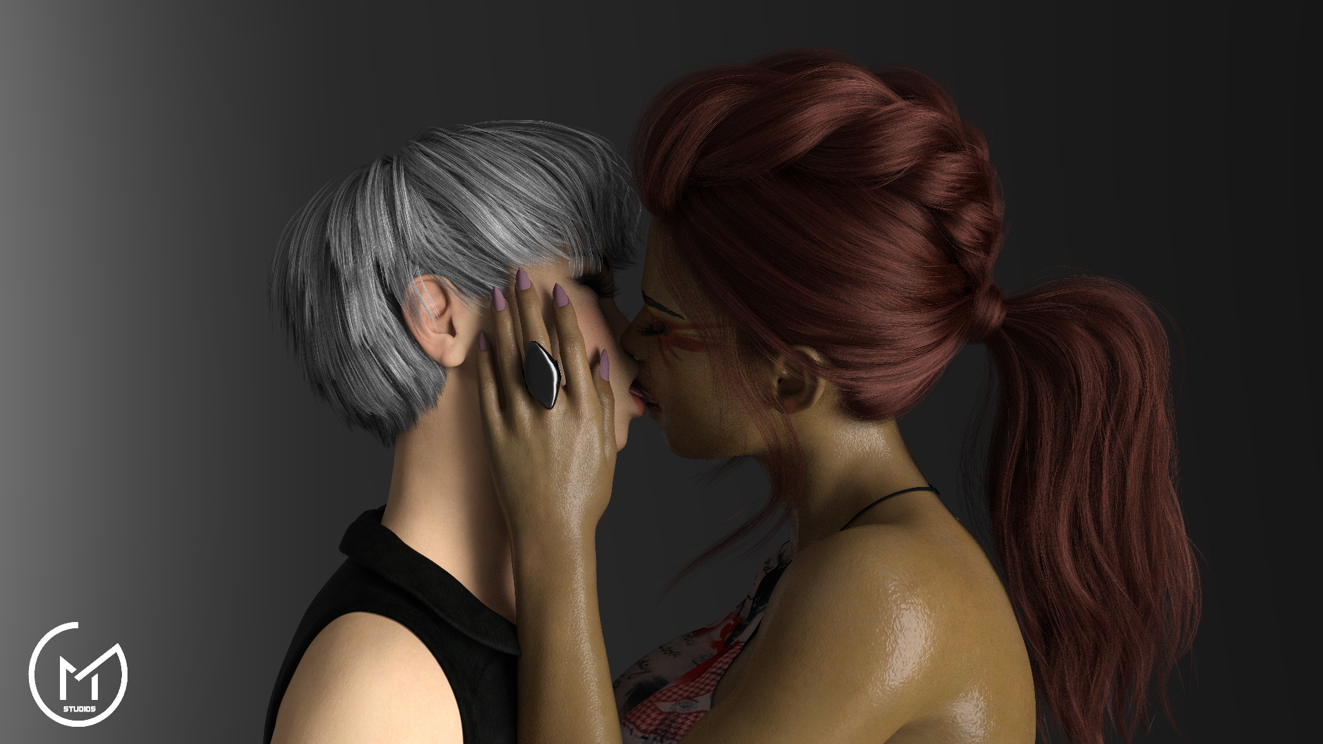 2girls, 3d, apex legends, asian, breasts, closed eyes, clothed, dark skin, dark-skinned female, female, female only, french kiss, glistening, gm studios, hand on another's face, interracial, kissing, latina, loba (apex legends), nail polish, ponytail, red hair, ring, shiny skin, short hair, tied hair, valkyrie (apex legends), video games, white hair, yuri