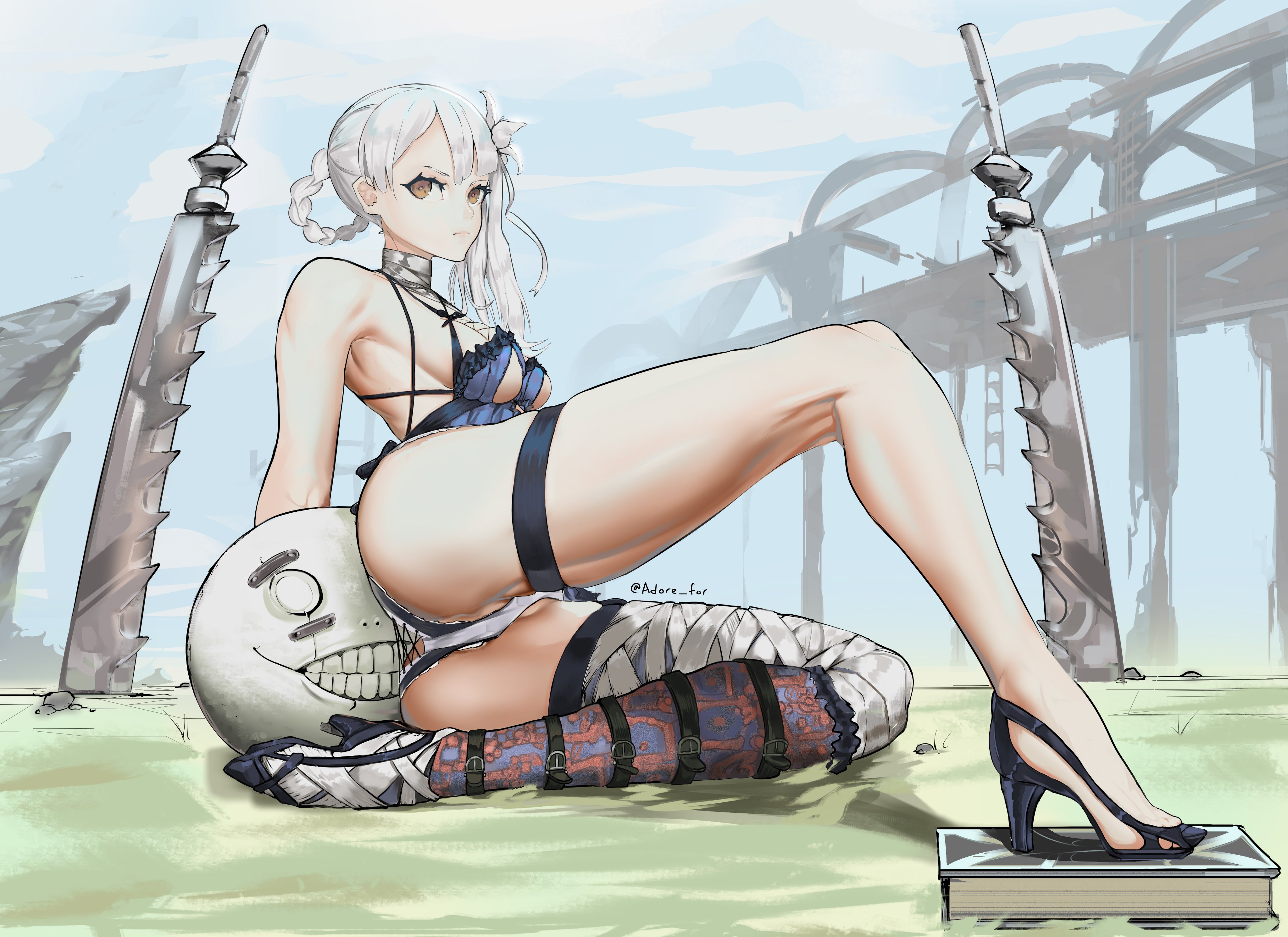 1girls, adore for, adore nice, ass, dialogue, emil (nier), female, grimoire weiss, heels, high heels, kaine (nier), nier, nier replicant, text, white hair