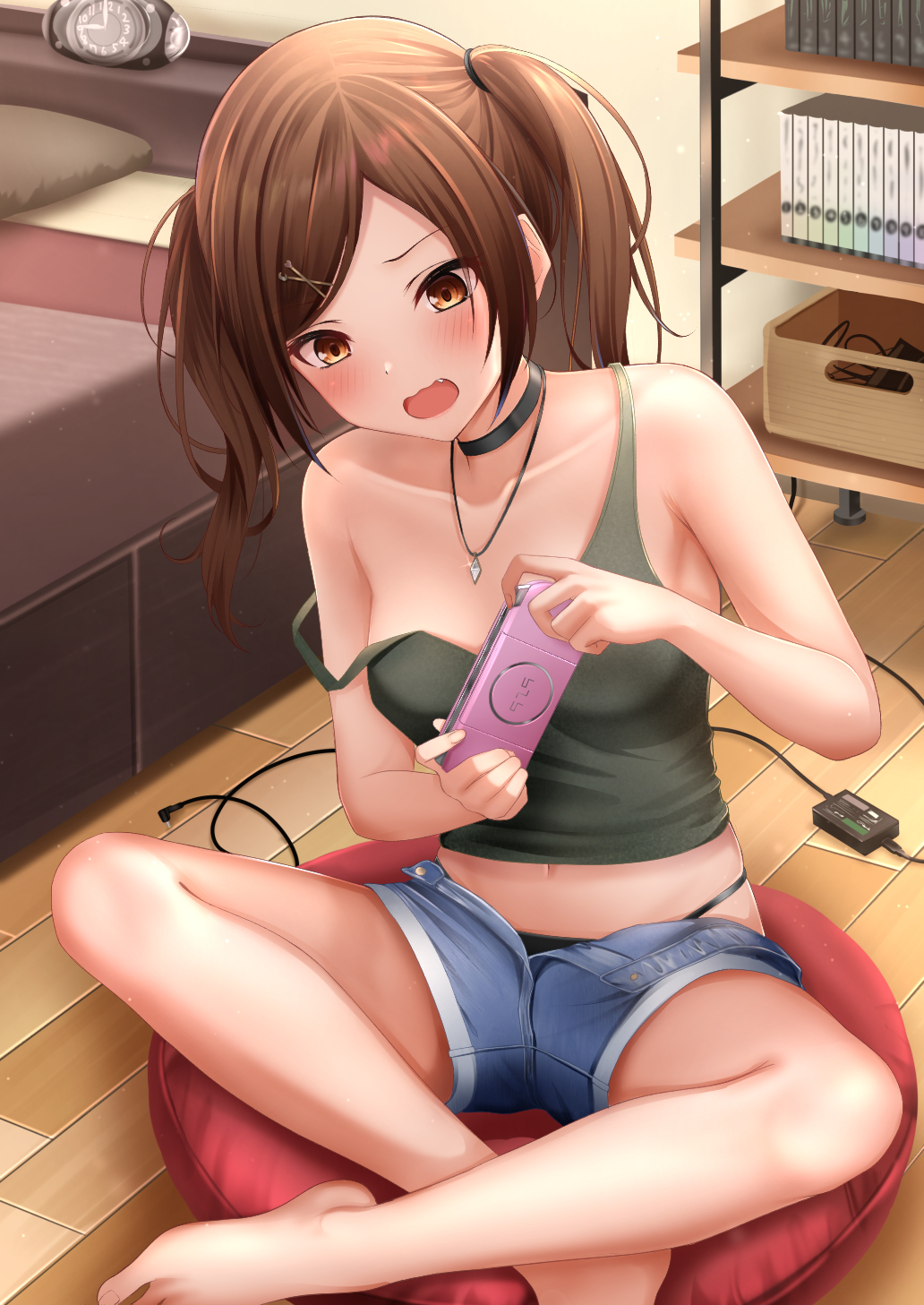 amber_eyes bangs bare_arms bare_legs bare_shoulders barefoot bed black_choker black_panties blue_shorts blush breasts brown_eyes brown_hair camisole choker clock collarbone crop_top cushion denim denim_shorts electronics female game_console grey_shirt hair_ornament hairclip handheld_game_console highres holding indoors jewelry looking_at_object midriff monaka_curl navel necklace no_bra oerba_yun_fang off_shoulder open_fly open_mouth original panties panty_straps playing_games playstation_portable psp shelf shirt short_shorts short_twintails shorts sitting sitting_indian_style sleeveless sleeveless_shirt small_breasts strap_slip string_panties twintails unbuttoned unbuttoned_shorts underwear wire x_hair_ornament