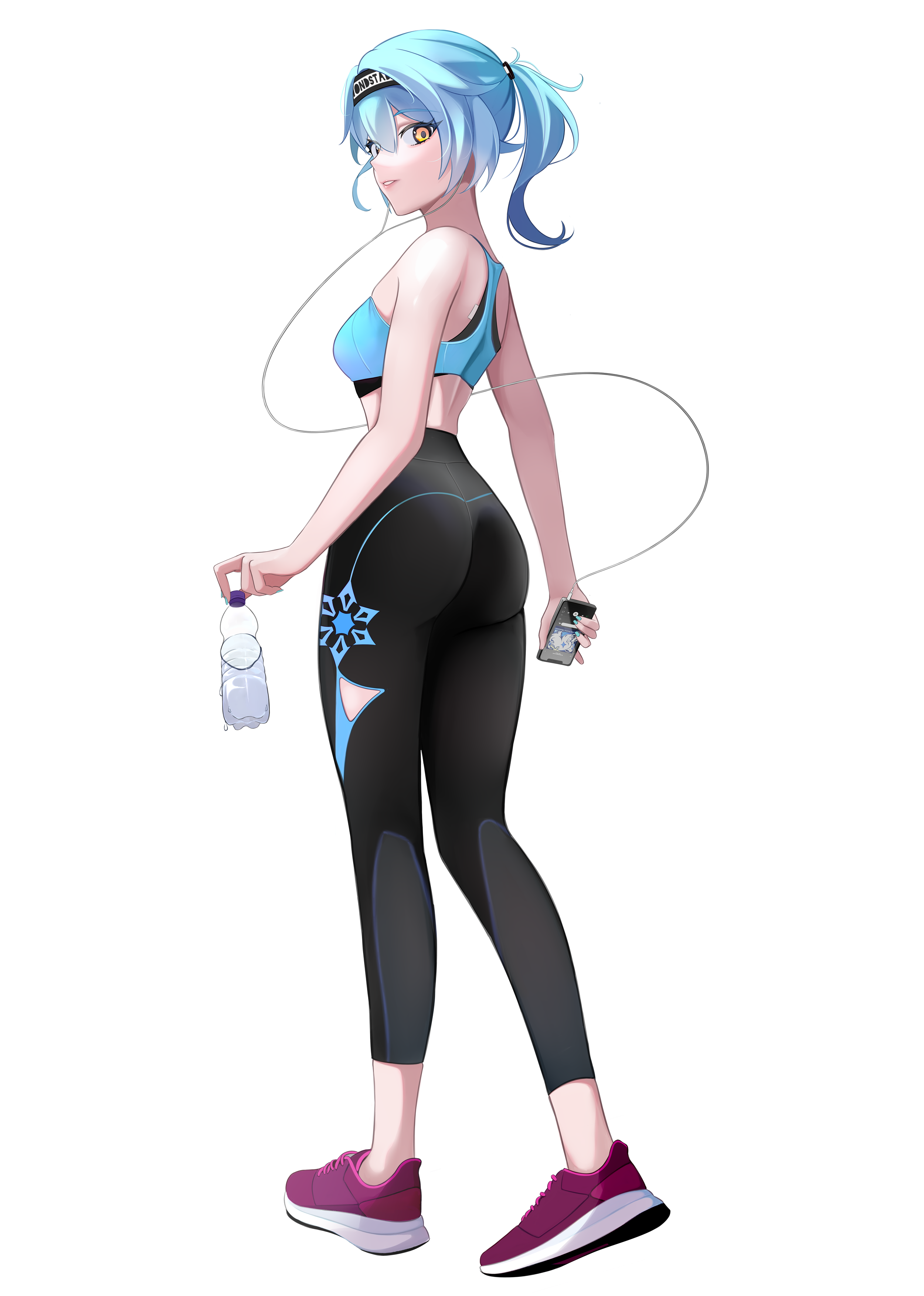 1girls, alternate costume, ass, big ass, big butt, blue hair, bottle, bra, bubble ass, bubble butt, earphones, eula (genshin impact), female, female only, genshin impact, hi res, hyafumi, leggings, looking at viewer, midriff, phone, ponytail, sneakers, sports bra, sportswear, yellow eyes, yoga pants