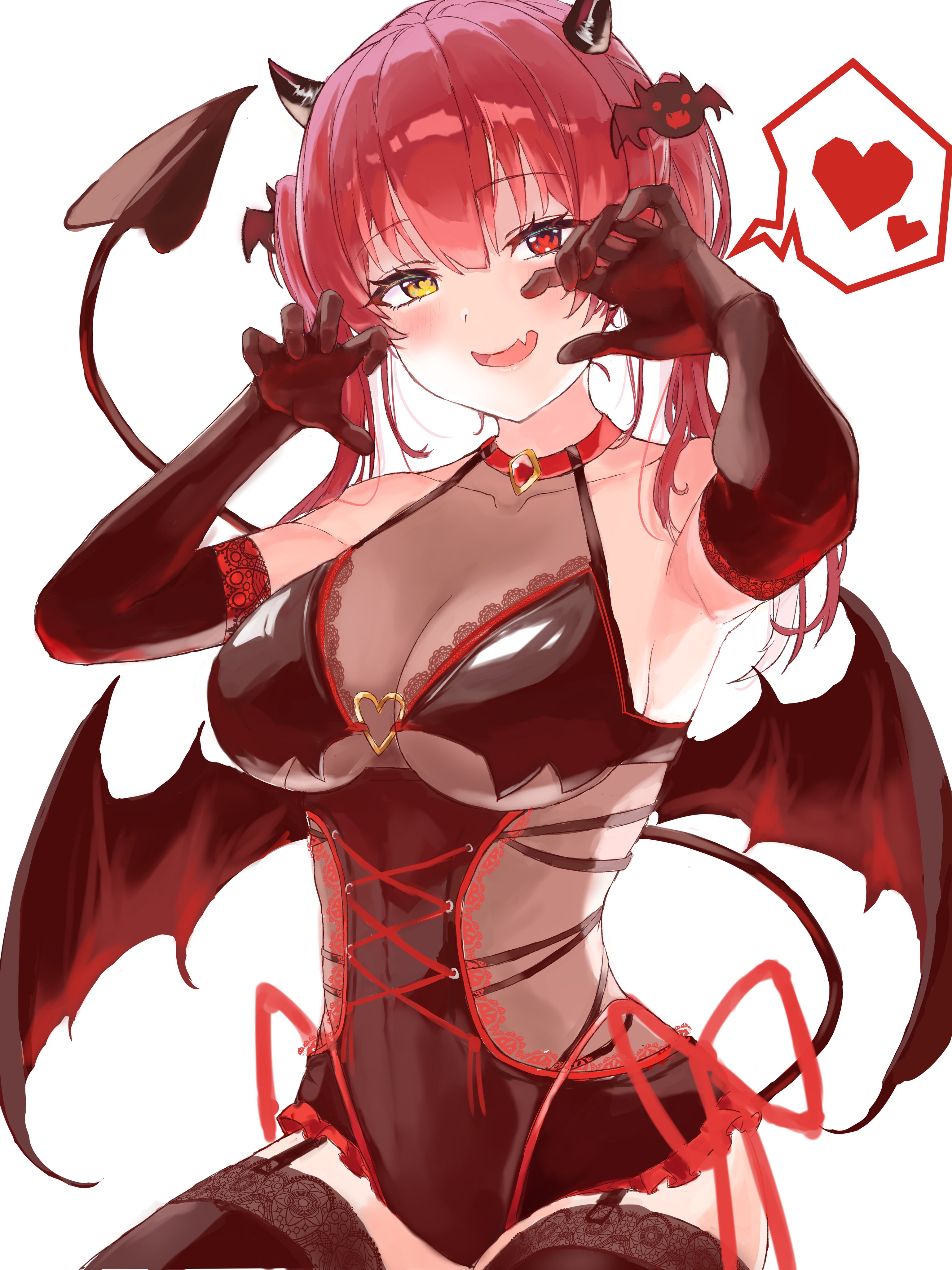 1girls, big breasts, breasts, demon, devil horns, devil tail, female, female only, heart, heart-shaped pupils, hololive, hololive fantasy, hololive japan, houshou marine, lingerie, naruse u, succubus, virtual youtuber