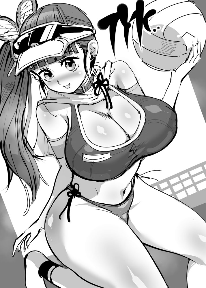 1girls big_breasts breasts cap chiroru curvy_figure demon_slayer eye_contact eyewear_on_head female greyscale huge_breasts kimetsu_no_yaiba long_hair looking_at_viewer monochrome ponytail side_ponytail solo sunglasses sunglasses_on_head thick_thighs tsuyuri_kanao volleyball voluptuous wide_hips