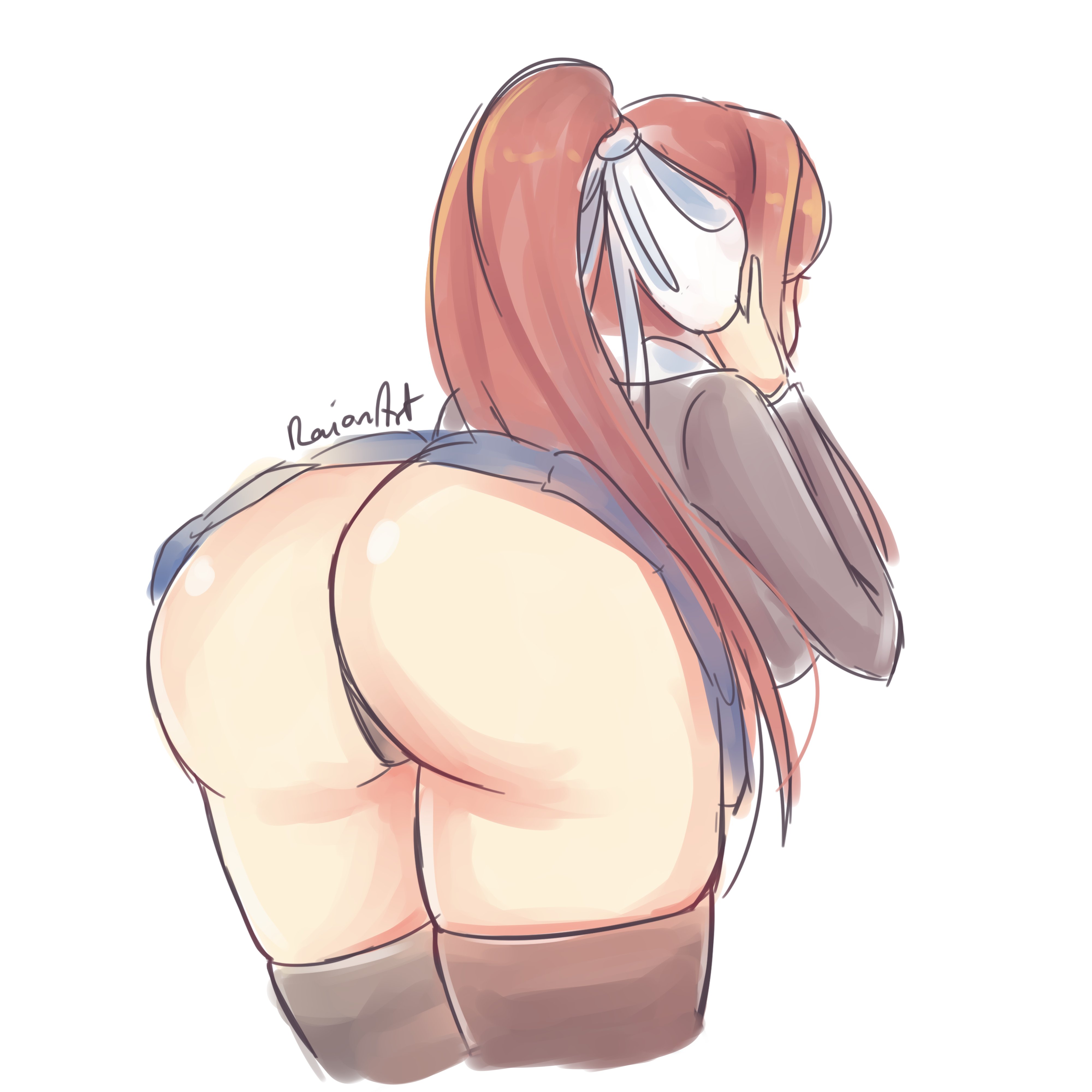 1girls, ass, bending over, big ass, black panties, black stockings, black thighhighs, black thong, bow, brown hair, doki doki literature club, female, female only, from behind, hair ribbon, hairbow, leaning forward, long hair, monika (doki doki literature club), panties, ponytail, presenting ass, raionart, ribbon, school uniform, schoolgirl, skirt, solo, solo female, thick thighs, thighhighs, thong, upskirt, white bow, white ribbon