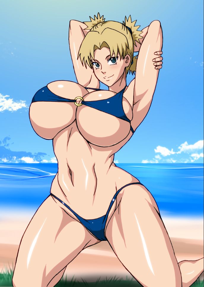 ass, big breasts, bikini, blonde hair, blue bikini, breasts, clothed female, female, green eyes, huge breasts, legs crossed, legs up, naruho, naruto, naruto (series), temari