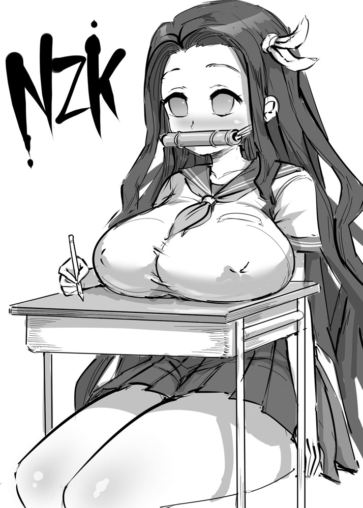 1girls aged_up big_breasts blush breasts breasts_on_table chiroru curvaceous demon_slayer female female_only gag greyscale hair_ornament kamado_nezuko kimetsu_no_yaiba long_hair monochrome school_uniform solo thick_thighs voluptuous wide_hips