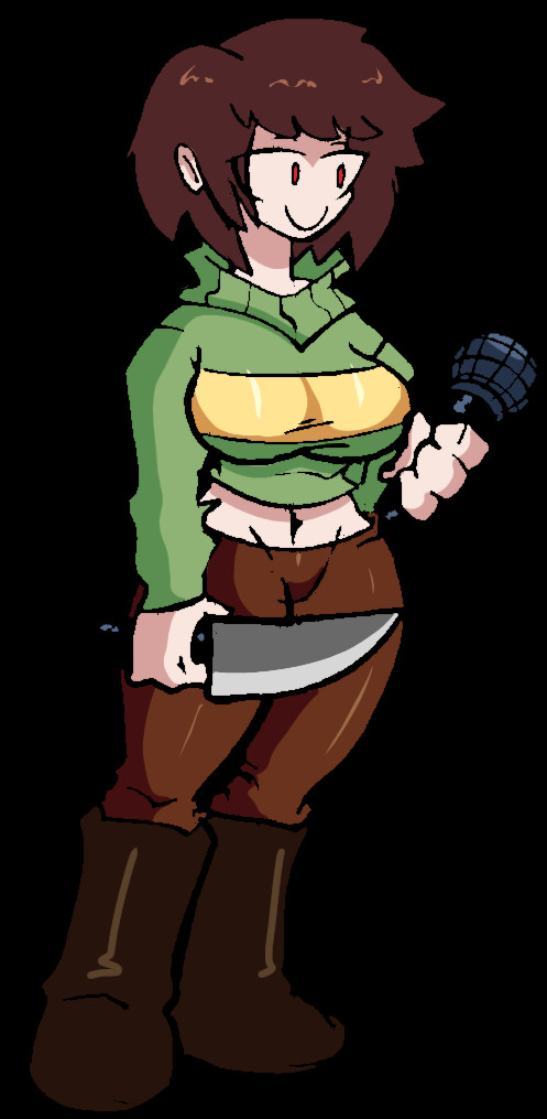 1girls, 2d, artist request, brown hair, chara, fanon chara, female, female chara, female only, friday night funkin, knife, microphone, red eyes, smile, solo, tagme, undertale, undertale (series)