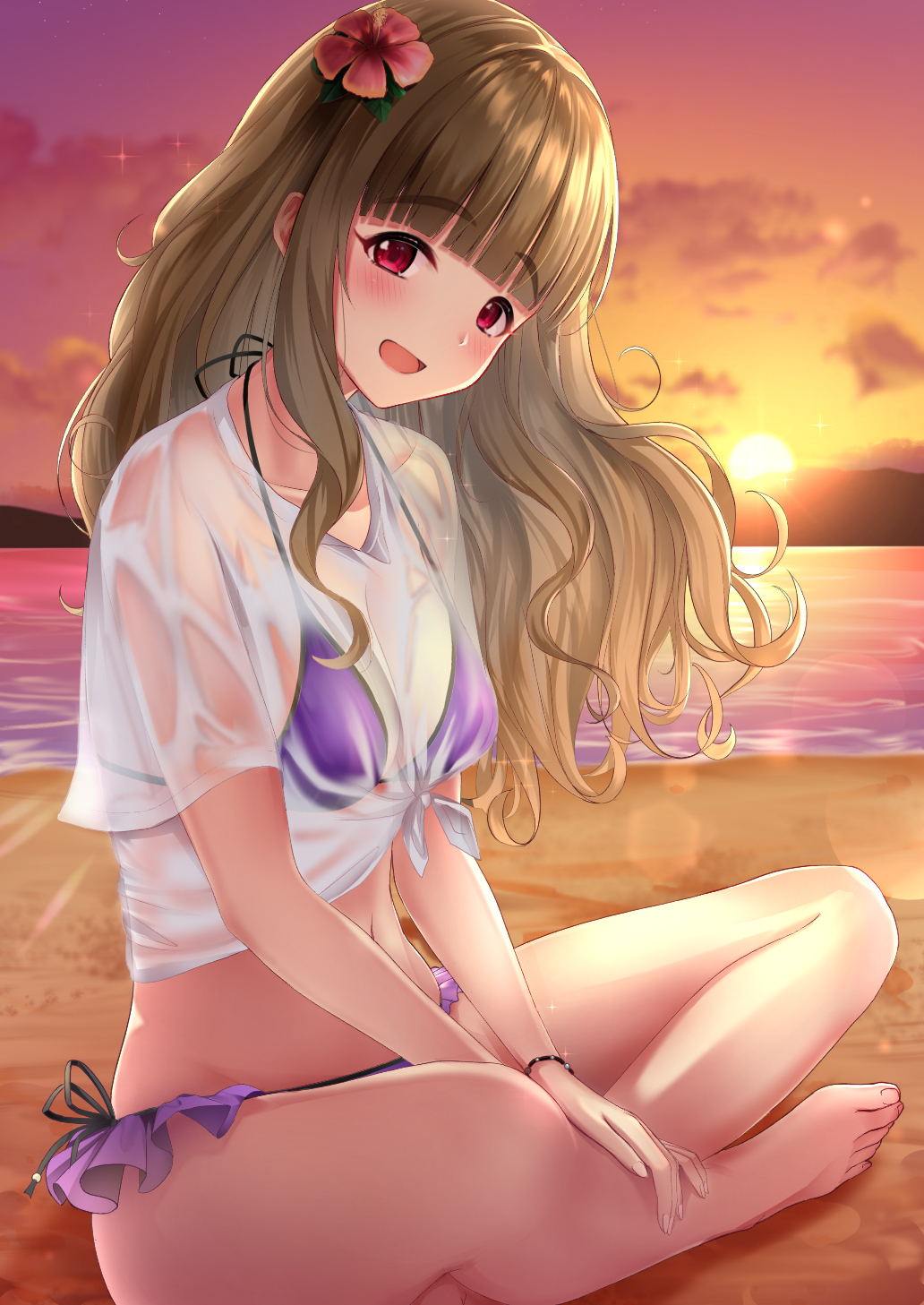 :d bad_id bad_pixiv_id bangs barefoot beach bikini blunt_bangs bracelet brown_hair cloud eyebrows_visible_through_hair flower frilled_bikini frills hair_flower hair_ornament hands_on_lap hibiscus highres idolmaster idolmaster_cinderella_girls jewelry kamiya_nao legs_crossed long_hair looking_at_viewer monaka_curl mountain navel ocean open_mouth red_eyes see-through shirt shirt_lift side-tie_bikini sidelocks sitting sky smile sunset swimsuit tied_shirt wet wet_clothes wet_shirt