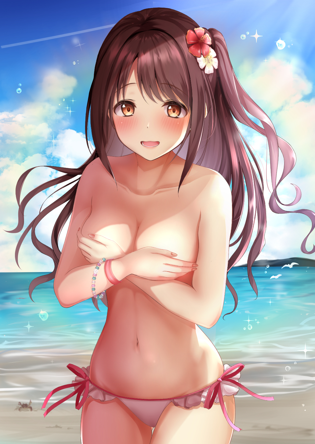 beach, bead bracelet, beads, bikini, bikini bottom, bikini top removed, blue sky, blush, blushing, bracelet, breasts, brown hair, cloud, collarbone, commentary request, covering, covering breasts, cowboy shot, crab, day, embarrassed, eyebrows visible through hair, female, flower, flower in hair, hair flower, hair ornament, highres, idolmaster, idolmaster cinderella girls, jewelry, light rays, long hair, looking at viewer, medium breasts, monaka curl, navel, ocean, open mouth, outdoors, sand, shimamura uzuki, side-tie bikini, sky, smile, solo, standing, sunbeam, sunlight, swimsuit, topless, white bikini