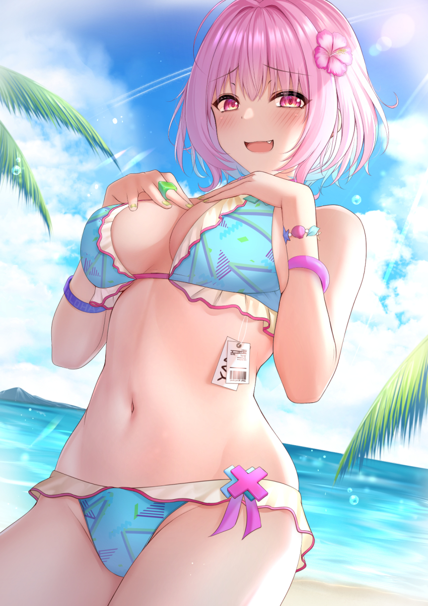 :d, ahoge, barcode, bikini, blue bikini, breasts, cleavage, cowboy shot, day, female, flower, frilled bikini, frills, gradient hair, groin, hair flower, hair ornament, hands on own chest, hands up, hibiscus, highres, idolmaster, idolmaster cinderella girls, large breasts, looking at viewer, monaka curl, multicolored hair, nail polish, navel, oerba yun fang, open mouth, outdoors, pink eyes, pink hair, price tag, short hair, smile, solo, stomach, sunlight, swimsuit, two-tone hair, yumemi riamu