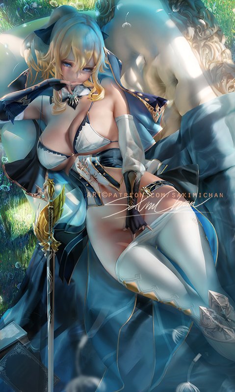 1girls, big breasts, boots, bottomless, breasts, cleavage, female, female only, genshin impact, heel boots, high heel boots, jean gunnhildr, large breasts, masturbation, sakimichan, solo, thighhighs