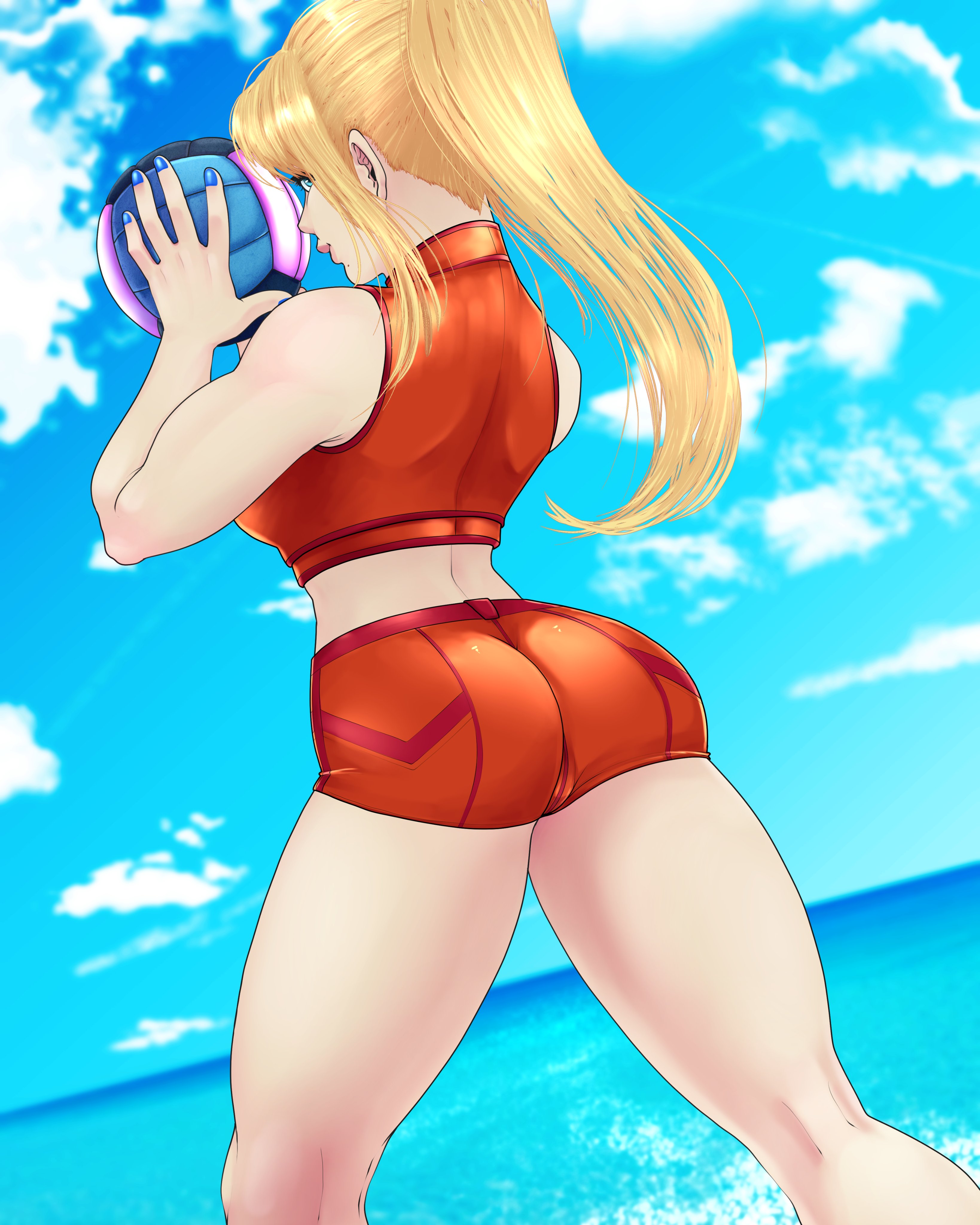 1girls, ass, back, back view, backboob, bare legs, bare shoulders, beach, beauty mark, blonde hair, blue eyes, blue nail polish, blue nails, blue sky, breasts, casual outfit (metroid), clothed, crop top, curvy, female, female only, holding ball, light skin, light-skinned female, lips, looking at viewer, looking back, looking back at viewer, metroid, midriff, moistpynk, nail polish, nintendo, ocean, orange shorts, orange sports bra, ponytail, samus aran, short shorts, shorts, skin tight, smile, solo, sports bra, thick, thick ass, thick butt, thick hips, thick thighs, thighs, tied hair, tight clothing, volleyball, volleyball (ball), wide hips