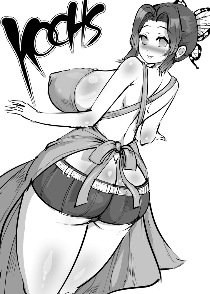 1girls, ass, ass cleavage, ass crack, big ass, big breasts, big butt, blush, breasts, butt crack, butterfly hair ornament, chiroru, curvy figure, demon slayer, eye contact, female, greyscale, huge breasts, kimetsu no yaiba, kochou shinobu, looking at viewer, monochrome, solo, thick ass, voluptuous