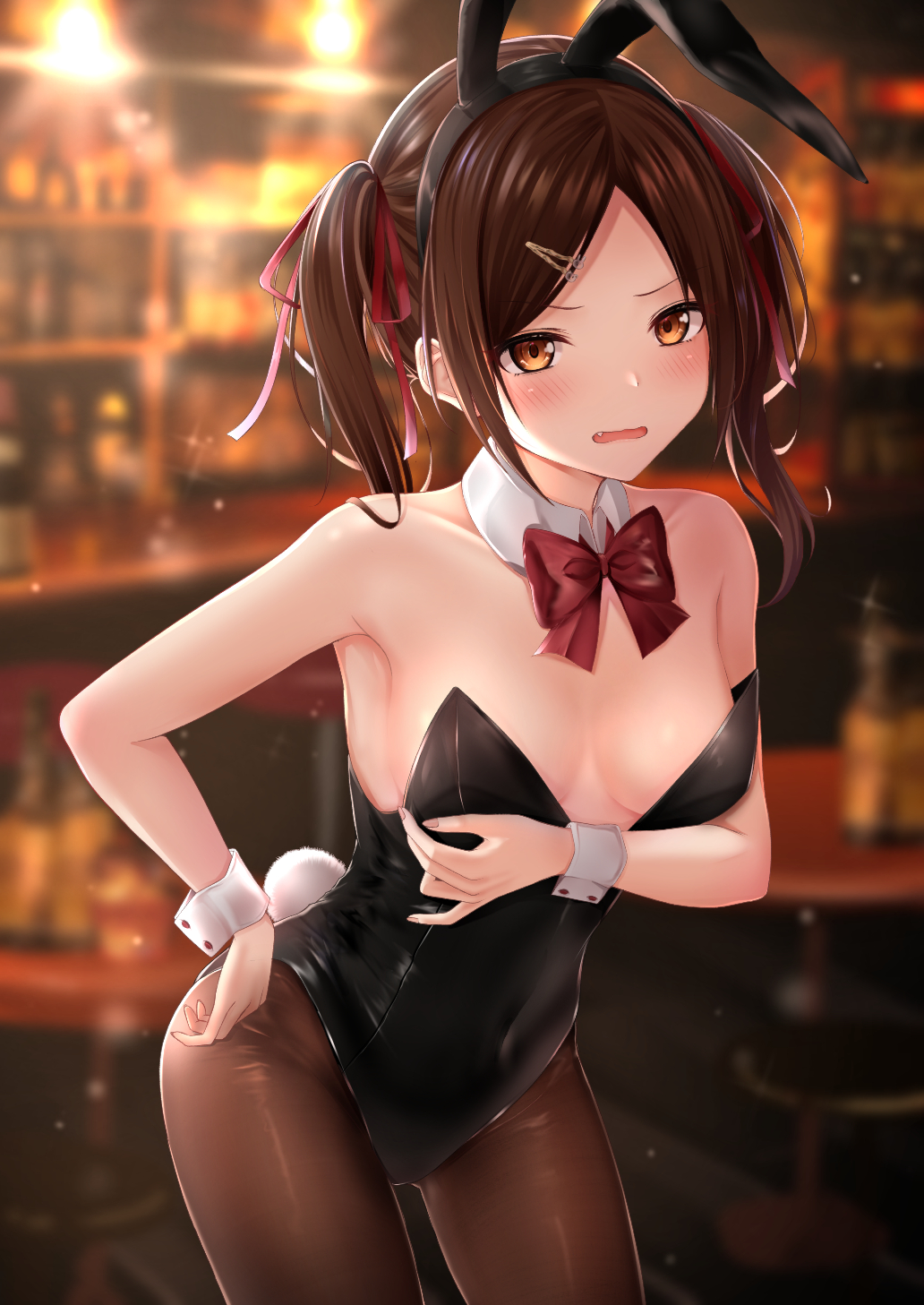 amber eyes, animal ears, armpits, bangs, bar, bare arms, bare shoulders, black leotard, blurry, blush, bow, bowtie, breasts, brown hair, brown legwear, bunny ears, bunny girl, bunny tail, bunnysuit, collarbone, cowboy shot, depth of field, detached collar, female, frown, hair ornament, hair ribbon, hairband, hairclip, highleg, highleg leotard, highres, imouto-chan (monaka curl), leotard, long hair, looking at viewer, monaka curl, open mouth, orange eyes, original, pantyhose, parted bangs, playboy bunny, ribbon, sidelocks, small breasts, solo, standing, strapless, strapless leotard, tail, twintails, wrist cuffs