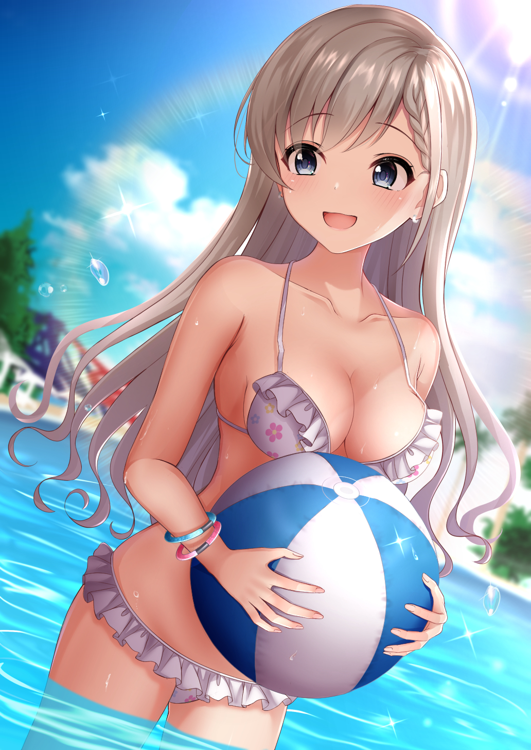 ball (object), bangs, bare shoulders, beachball, bikini, blue eyes, blue sky, blurry, blurry background, blush, braid, braided bangs, breasts, cleavage, cloud, collarbone, commentary request, day, eyebrows visible through hair, female, floral print, frills, grey bikini, highres, hisakawa hayate, holding, idolmaster, idolmaster cinderella girls, in water, large breasts, long hair, looking to the side, monaka curl, open mouth, outdoors, sky, smile, solo, swimsuit